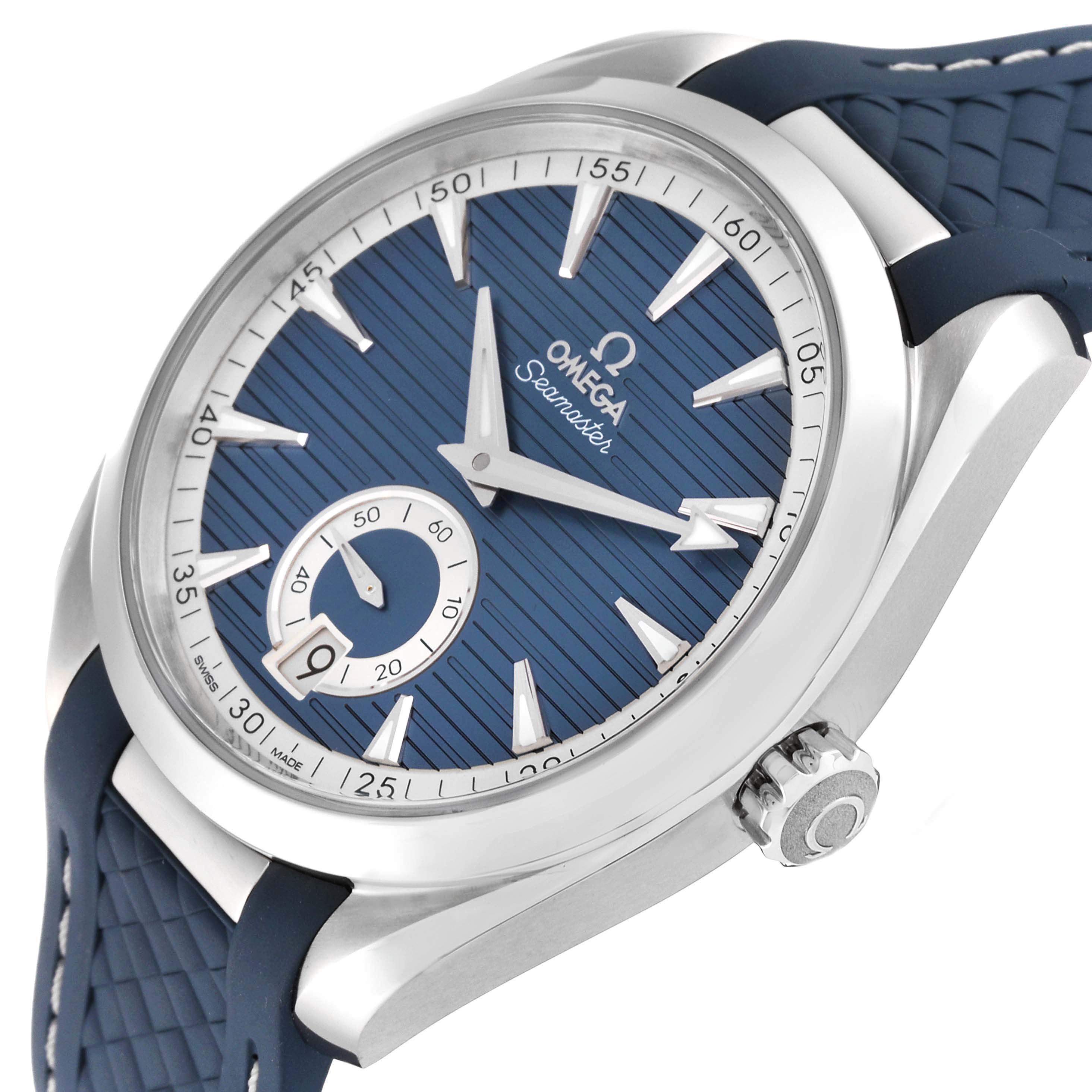 The Omega Aqua Terra 220.12.41.21.03.005 Men
s Stainless Steel Blue Dial 220.12.41.21.03.005 Men
s Stainless Steel Blue Dial watch is shown at an angle highlighting its blue dial, silver hands, date window, and textured rubber strap.