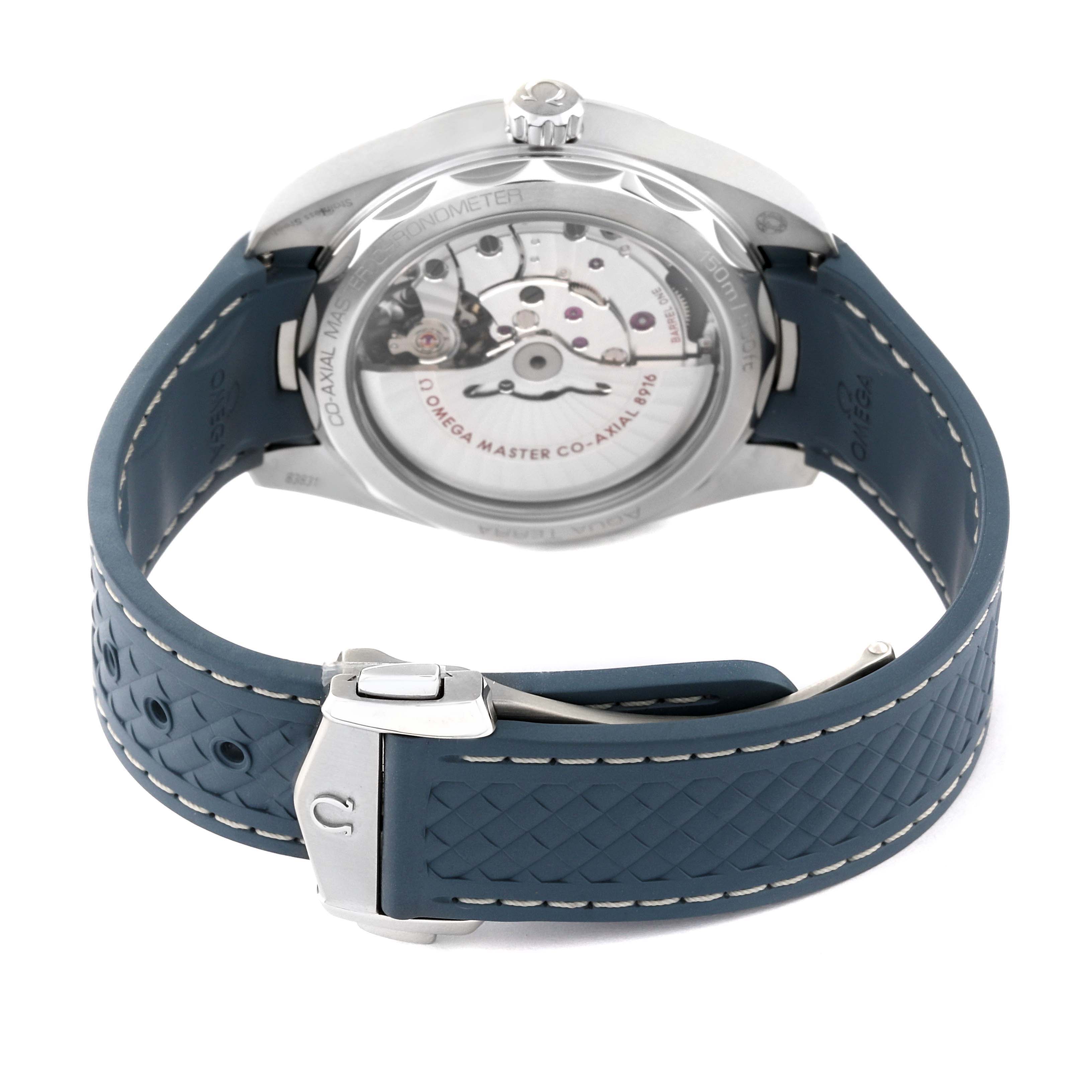 The image shows the back view of the Omega Aqua Terra 220.12.41.21.03.005 Men
s Stainless Steel Blue Dial 220.12.41.21.03.005 Men
s Stainless Steel Blue Dial watch, highlighting the movement and the rubber strap.