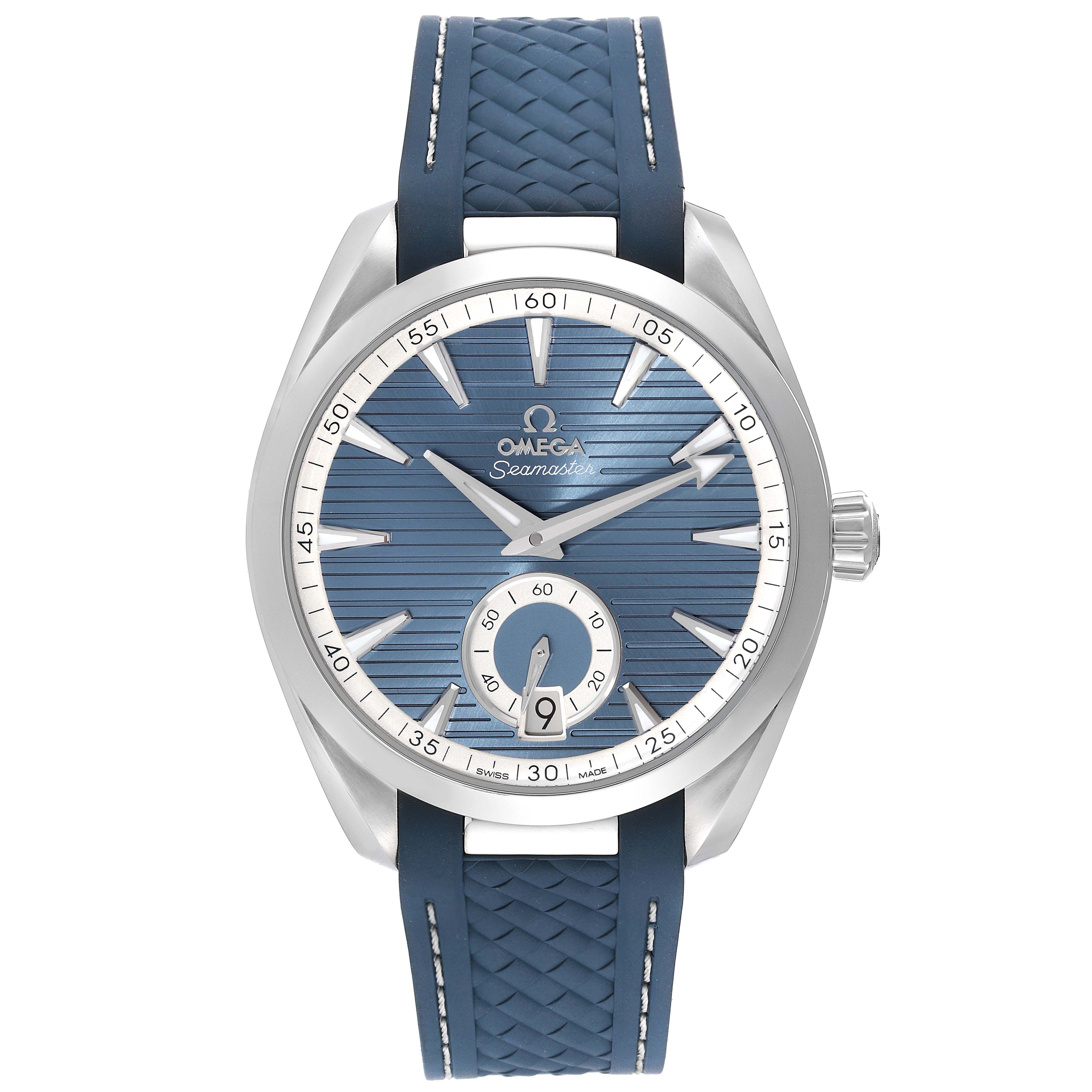 The image shows a front view of the Omega Aqua Terra 220.12.41.21.03.005 Men
s Stainless Steel Blue Dial 220.12.41.21.03.005 Men
s Stainless Steel Blue Dial watch, highlighting its blue dial, blue strap, and silver case.