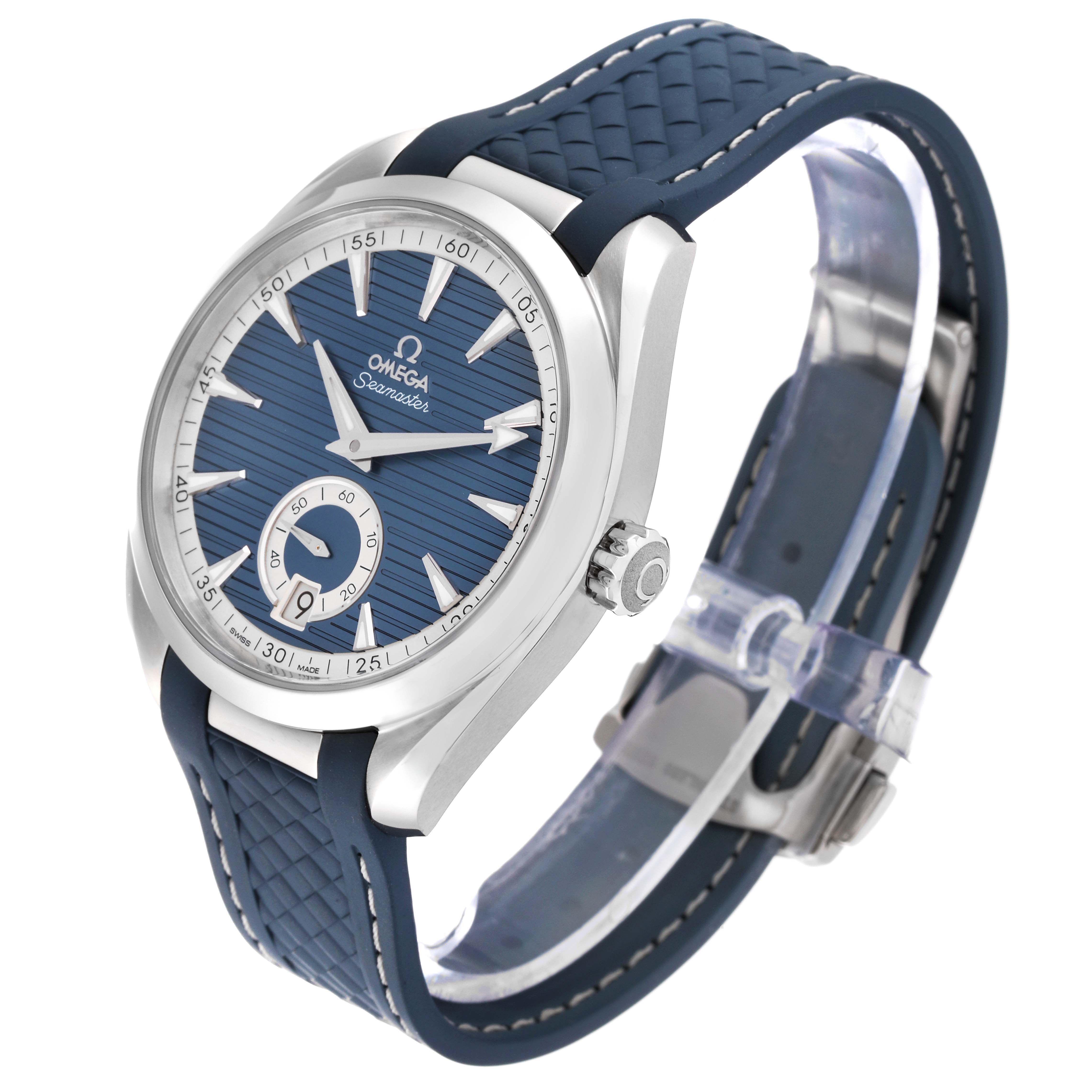 The image shows an angled view of the Omega Aqua Terra 220.12.41.21.03.005 Men
s Stainless Steel Blue Dial 220.12.41.21.03.005 Men
s Stainless Steel Blue Dial watch, highlighting the face, bezel, crown, and blue strap.