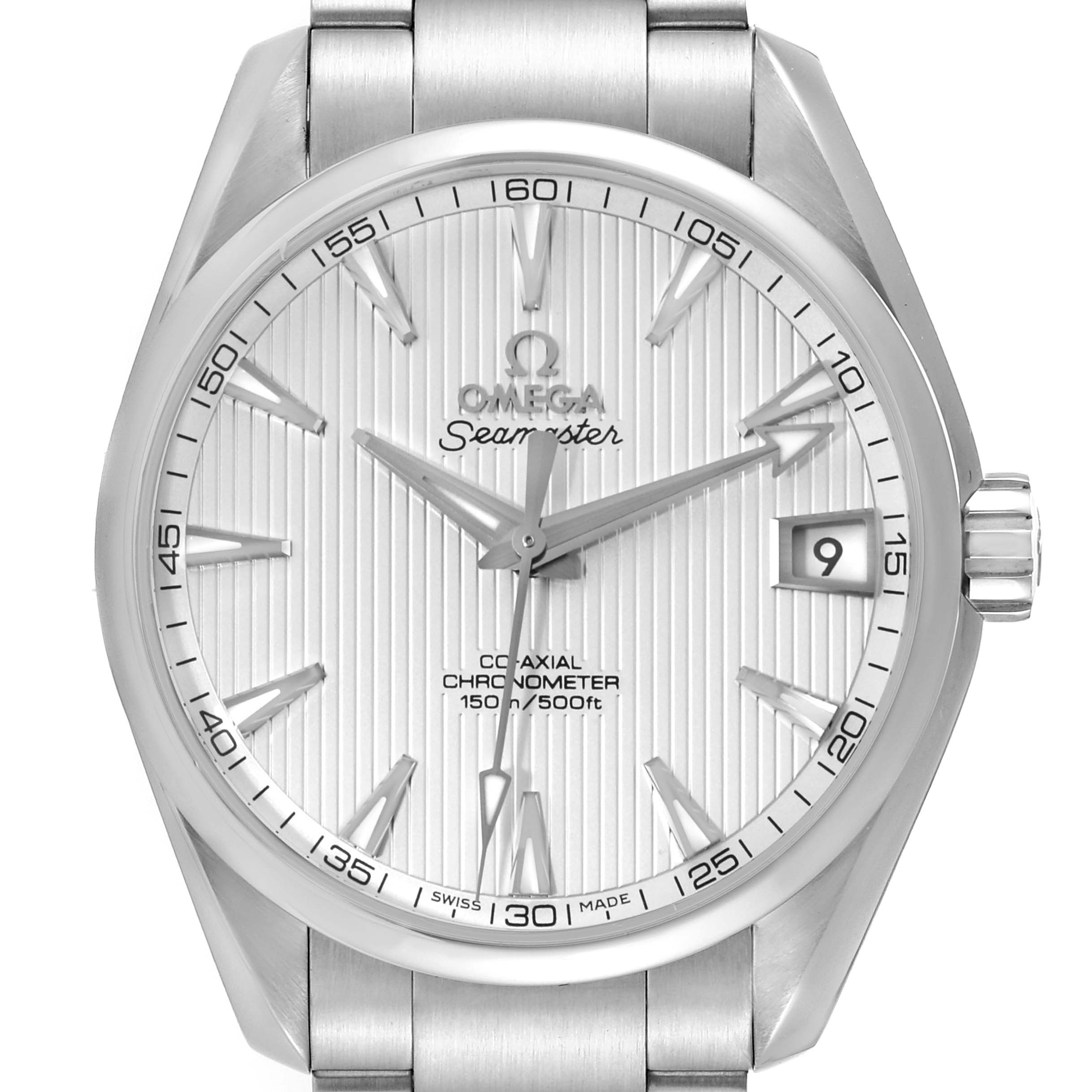 The image shows a front view of the Omega Aqua Terra 231.10.39.21.02.001 Men
s Stainless Steel Silver Dial 231.10.39.21.02.001 Men
s Stainless Steel Silver Dial model watch face and part of the bracelet.