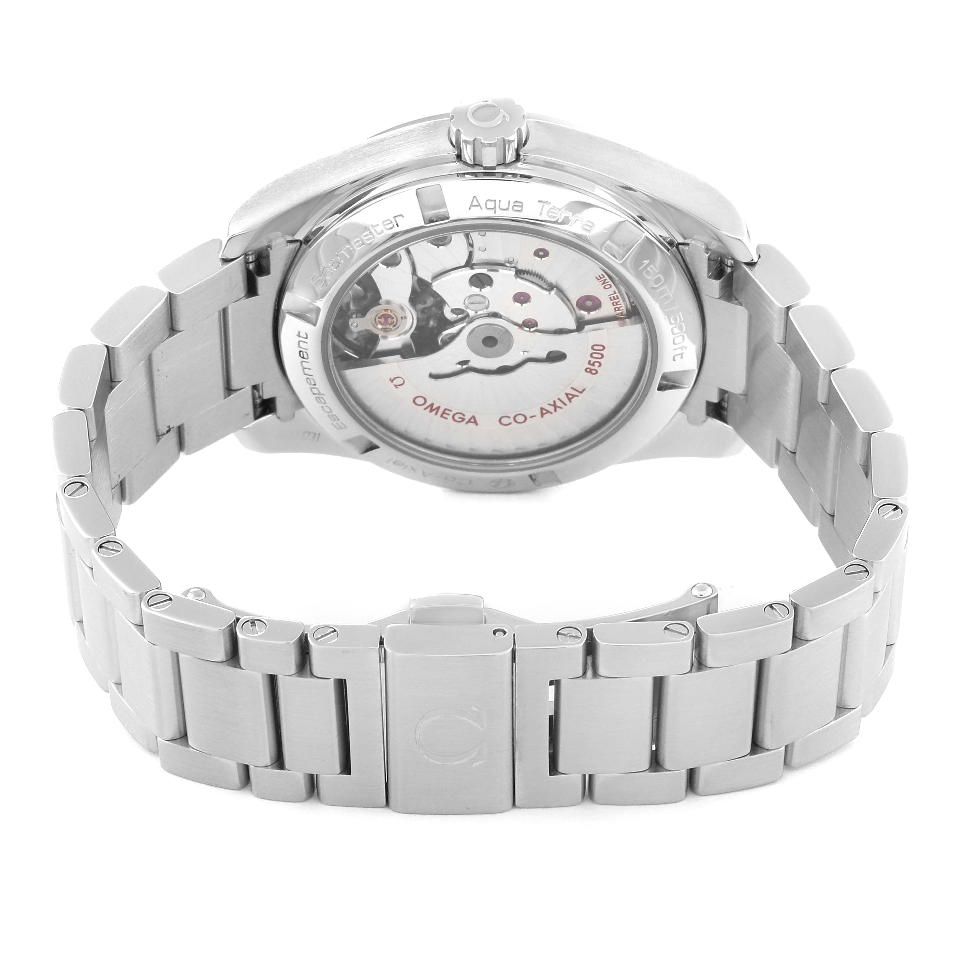 The image shows the back view of the Omega Aqua Terra 231.10.39.21.02.001 Men
s Stainless Steel Silver Dial 231.10.39.21.02.001 Men
s Stainless Steel Silver Dial watch, highlighting the movement and metal bracelet.