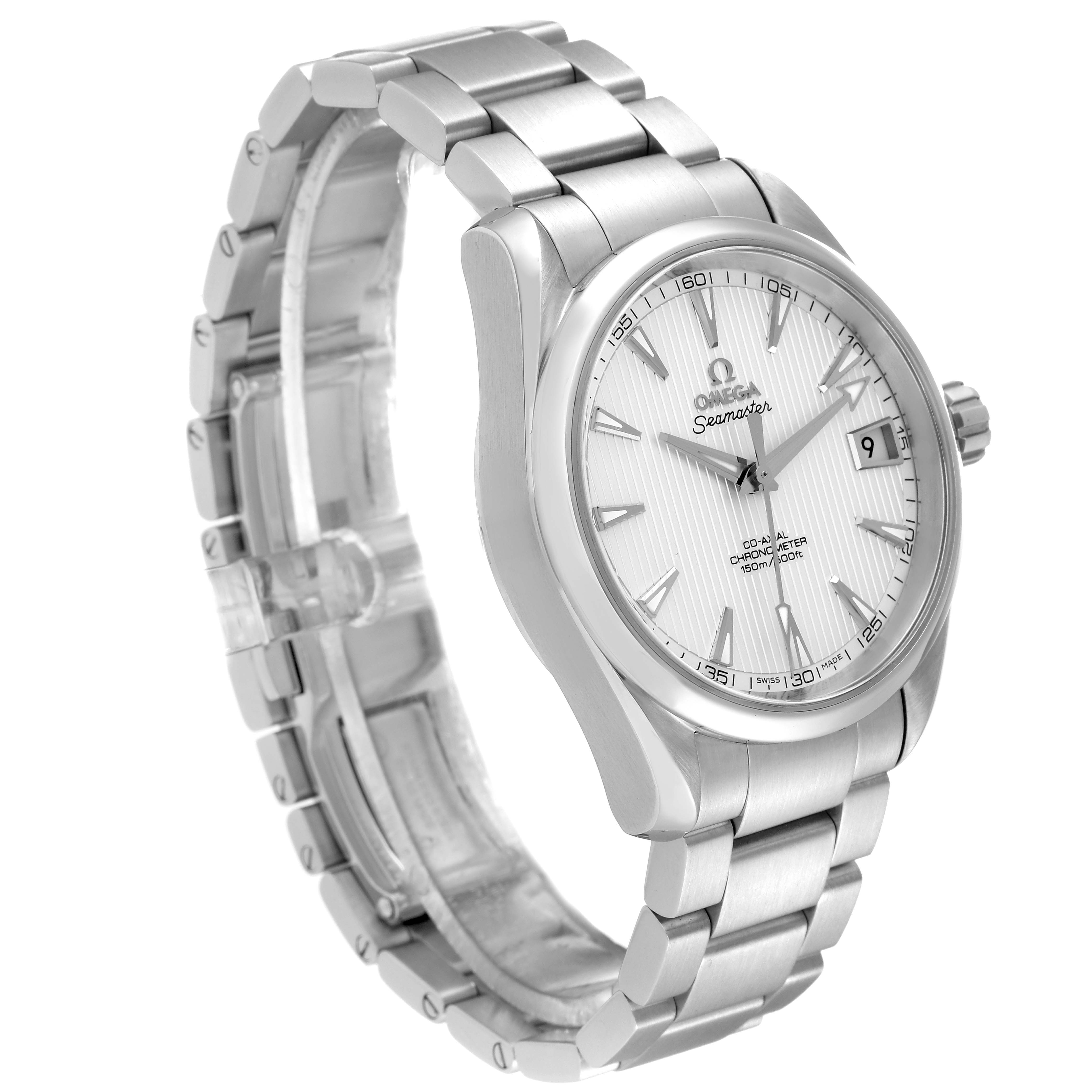 The Omega Aqua Terra 231.10.39.21.02.001 Men
s Stainless Steel Silver Dial 231.10.39.21.02.001 Men
s Stainless Steel Silver Dial watch is shown at a three-quarter angle, highlighting its stainless steel bracelet and dial.