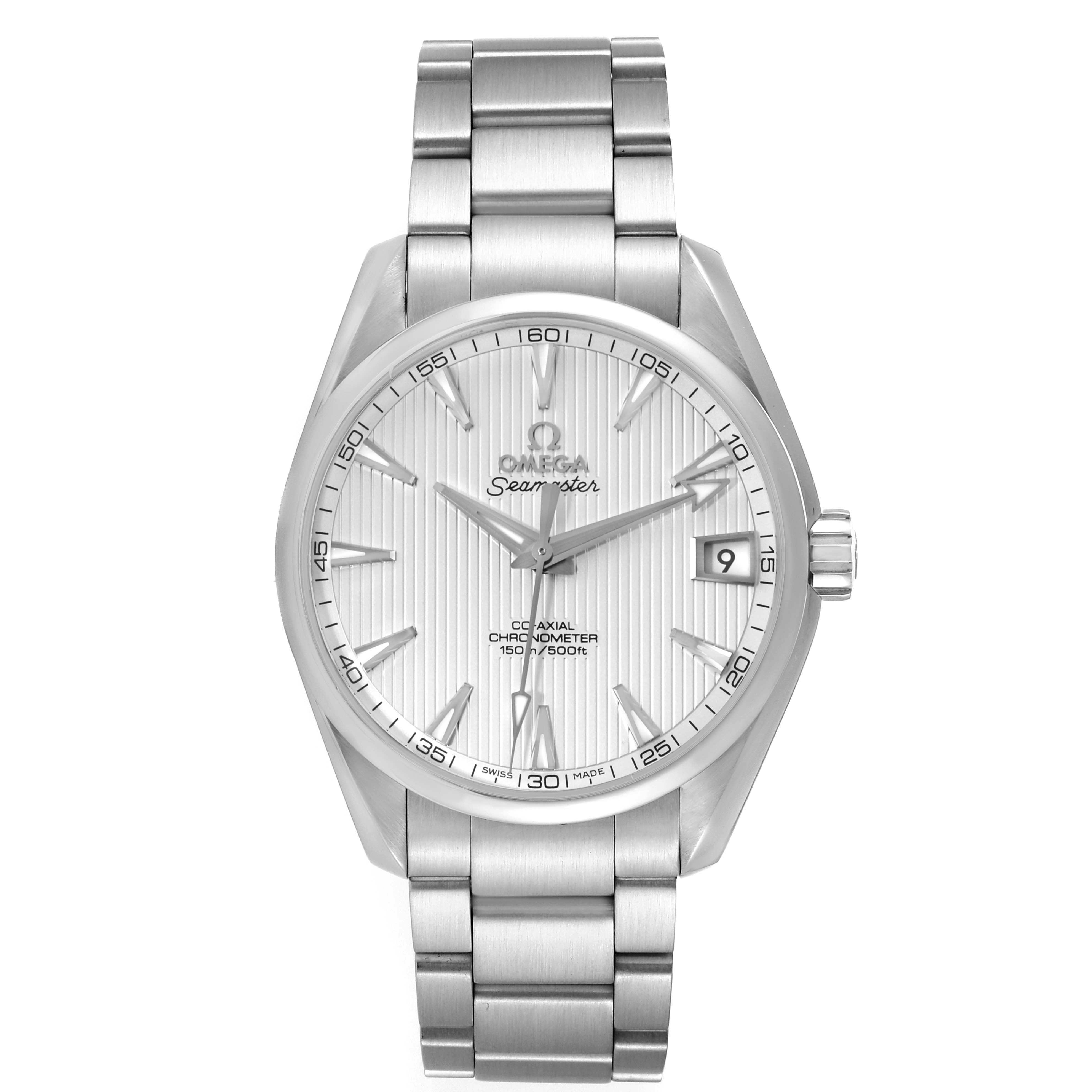 The image shows a front view of an Omega Aqua Terra 231.10.39.21.02.001 Men
s Stainless Steel Silver Dial 231.10.39.21.02.001 Men
s Stainless Steel Silver Dial watch including its dial, bezel, crown, and bracelet.