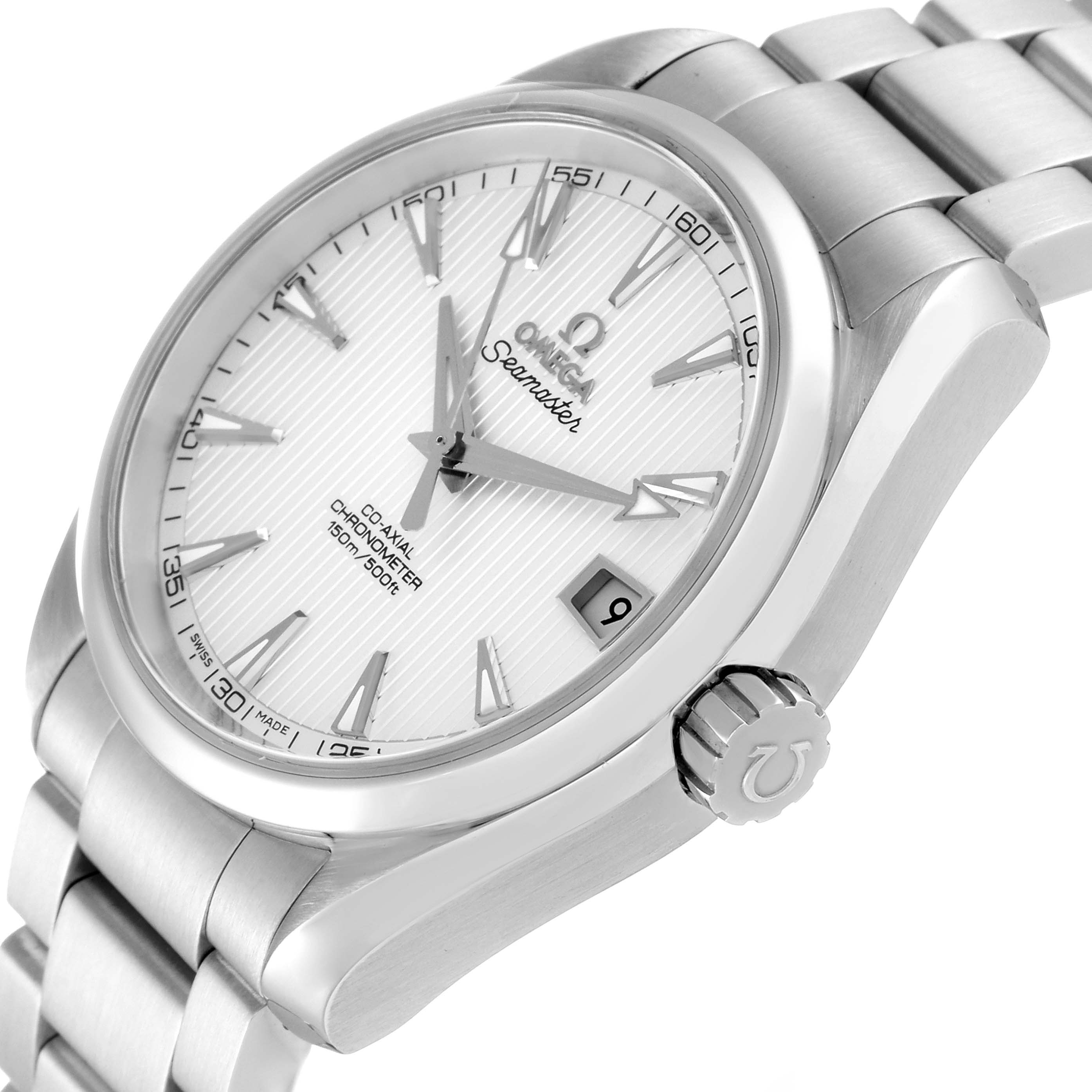 The image displays an Omega Seamaster Aqua Terra watch at a slight angle, showcasing the dial, crown, and part of the bracelet.