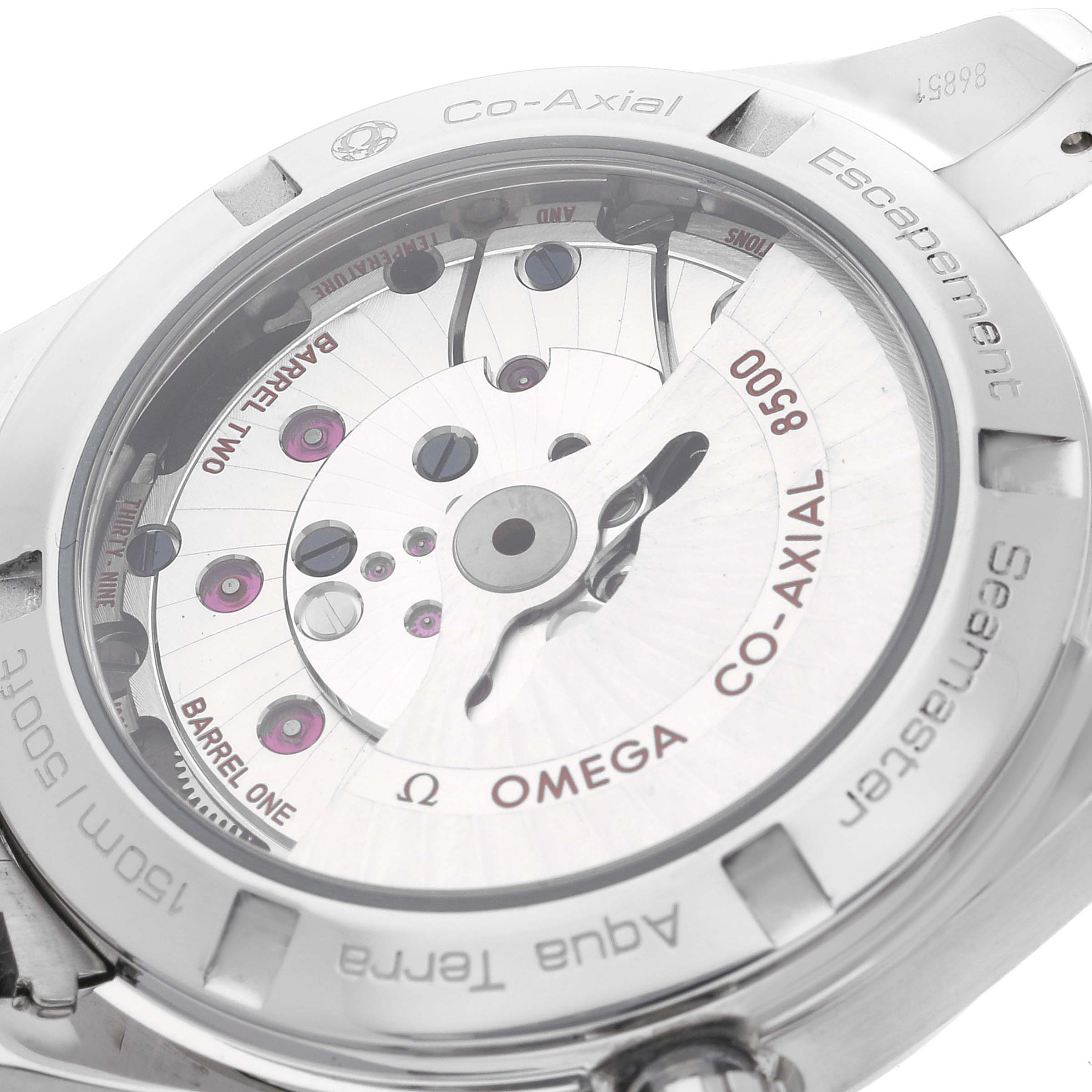 This image shows the back view of the Omega Aqua Terra 231.10.39.21.02.001 Men
s Stainless Steel Silver Dial 231.10.39.21.02.001 Men
s Stainless Steel Silver Dial watch, highlighting the Co-Axial escapement mechanism.