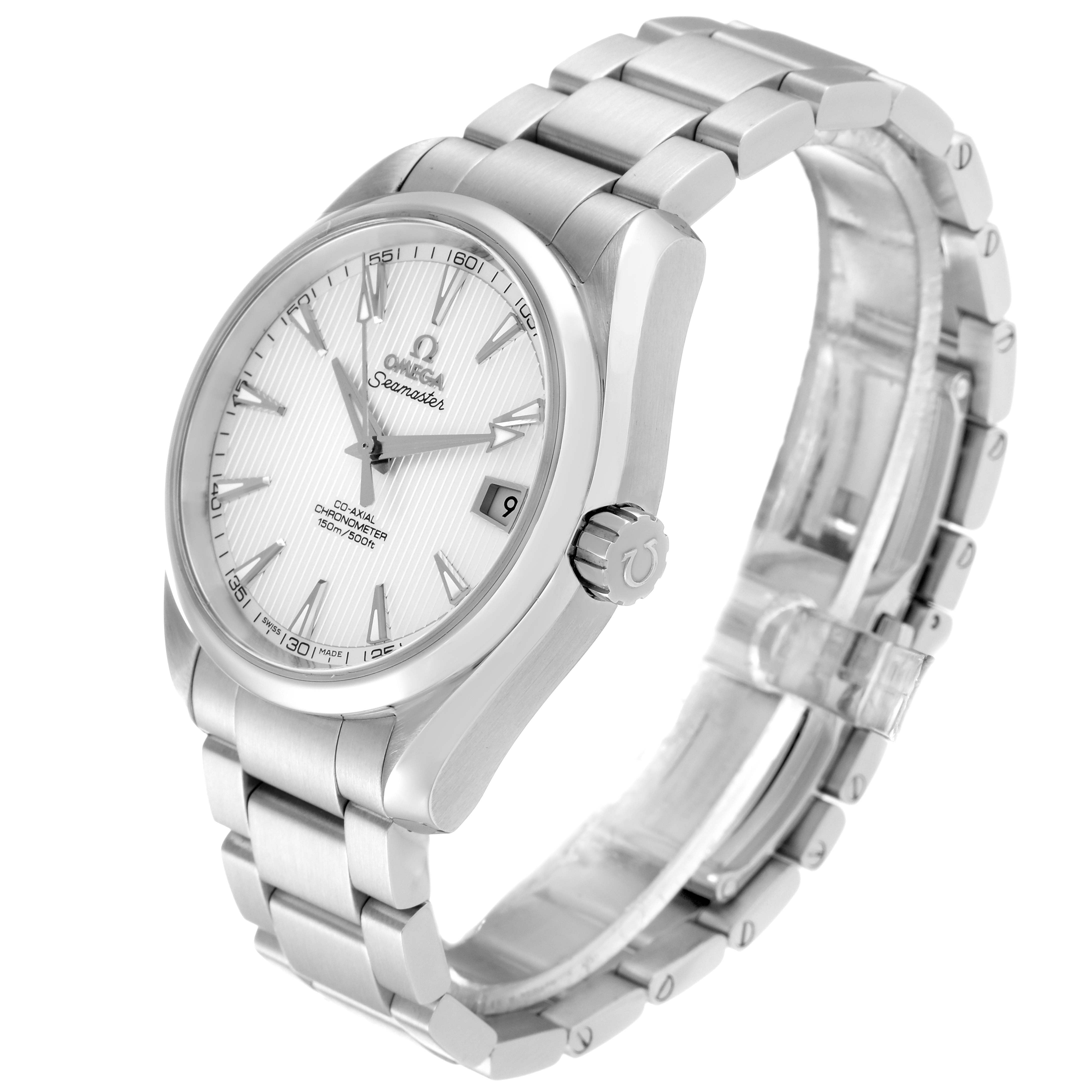 The Omega Aqua Terra 231.10.39.21.02.001 Men
s Stainless Steel Silver Dial 231.10.39.21.02.001 Men
s Stainless Steel Silver Dial watch is shown in a three-quarter angle, displaying the face, crown, and stainless steel bracelet.