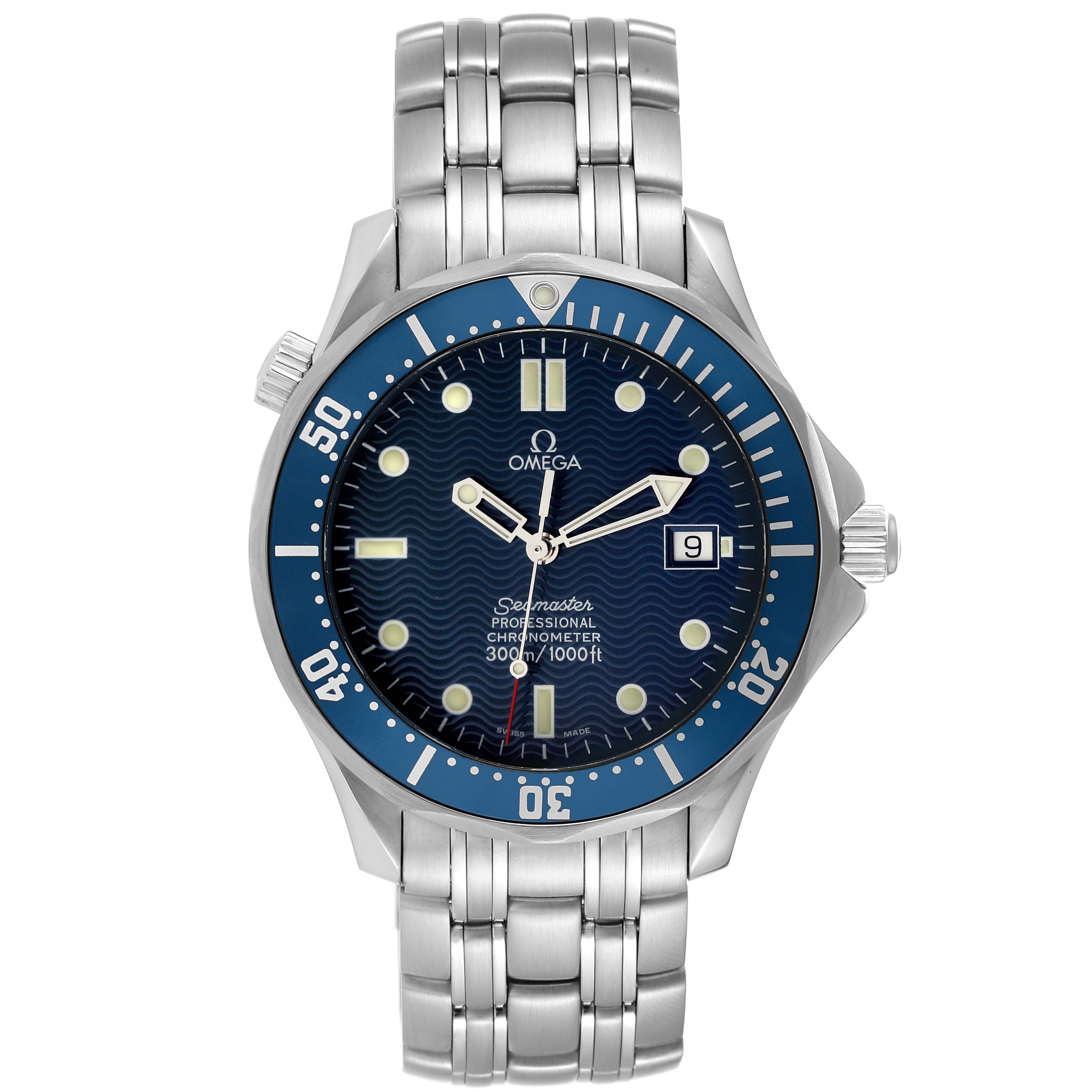 The Omega Seamaster 2531.80.00 Men
s Stainless Steel Blue Dial 2531.80.00 Men
s Stainless Steel Blue Dial watch is shown from a straight-on angle, displaying its face, bezel, crown, and stainless steel bracelet.