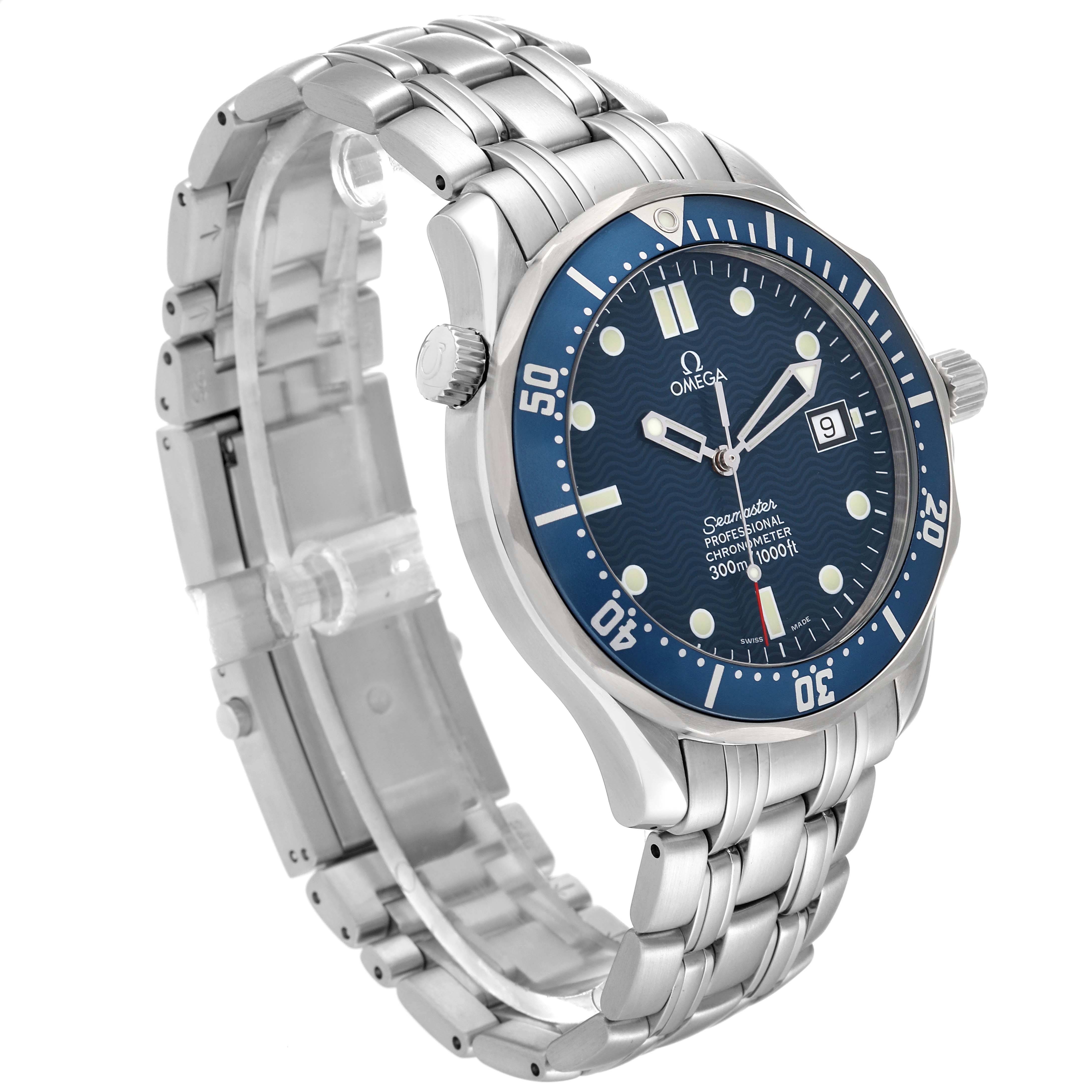 The Omega Seamaster 2531.80.00 Men
s Stainless Steel Blue Dial 2531.80.00 Men
s Stainless Steel Blue Dial watch is shown at an angled view displaying its blue dial, bezel, case, crown, and stainless steel bracelet.