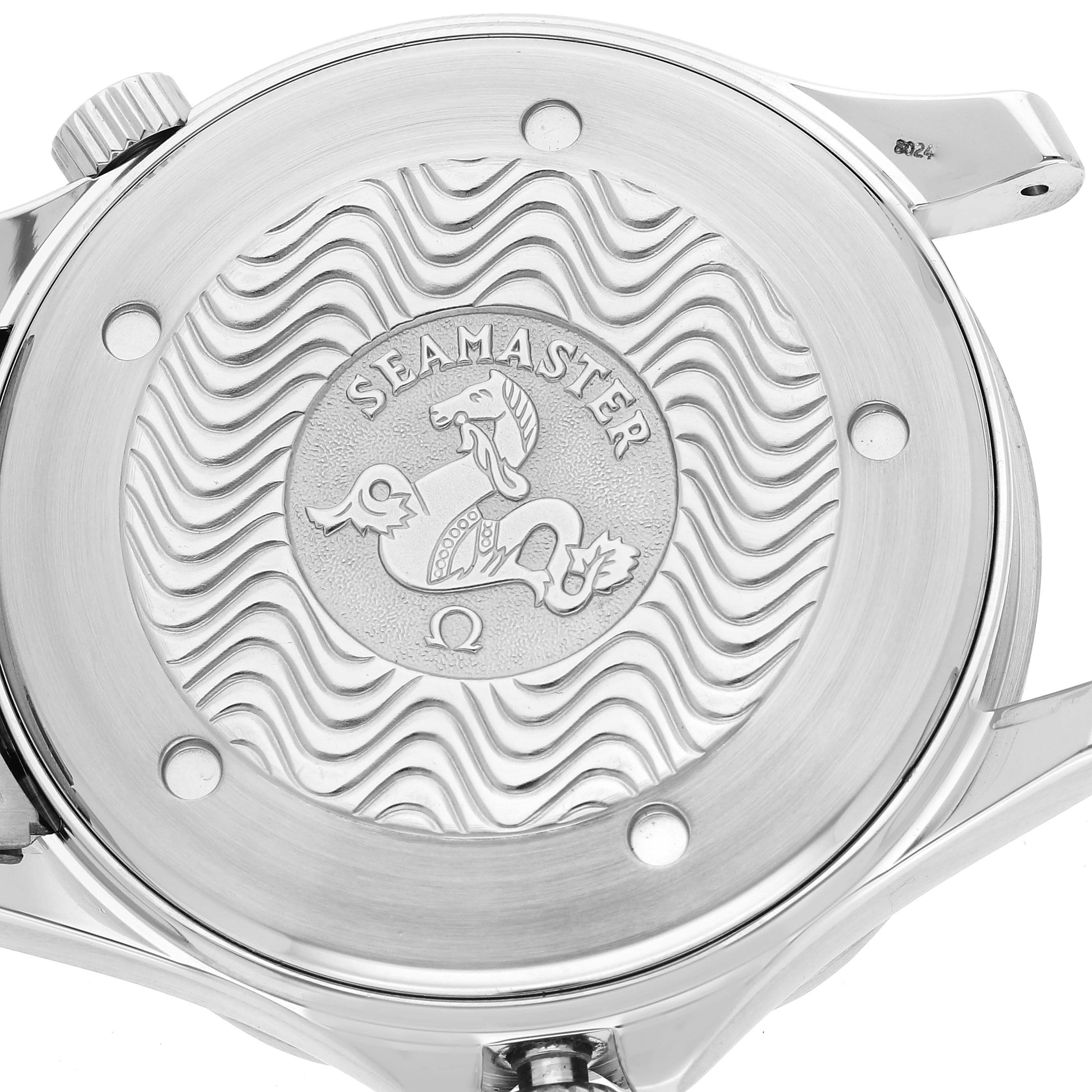 The image shows the case back of an Omega Seamaster 2531.80.00 Men
s Stainless Steel Blue Dial 2531.80.00 Men
s Stainless Steel Blue Dial watch, featuring the engraved Seamaster logo and wave pattern.