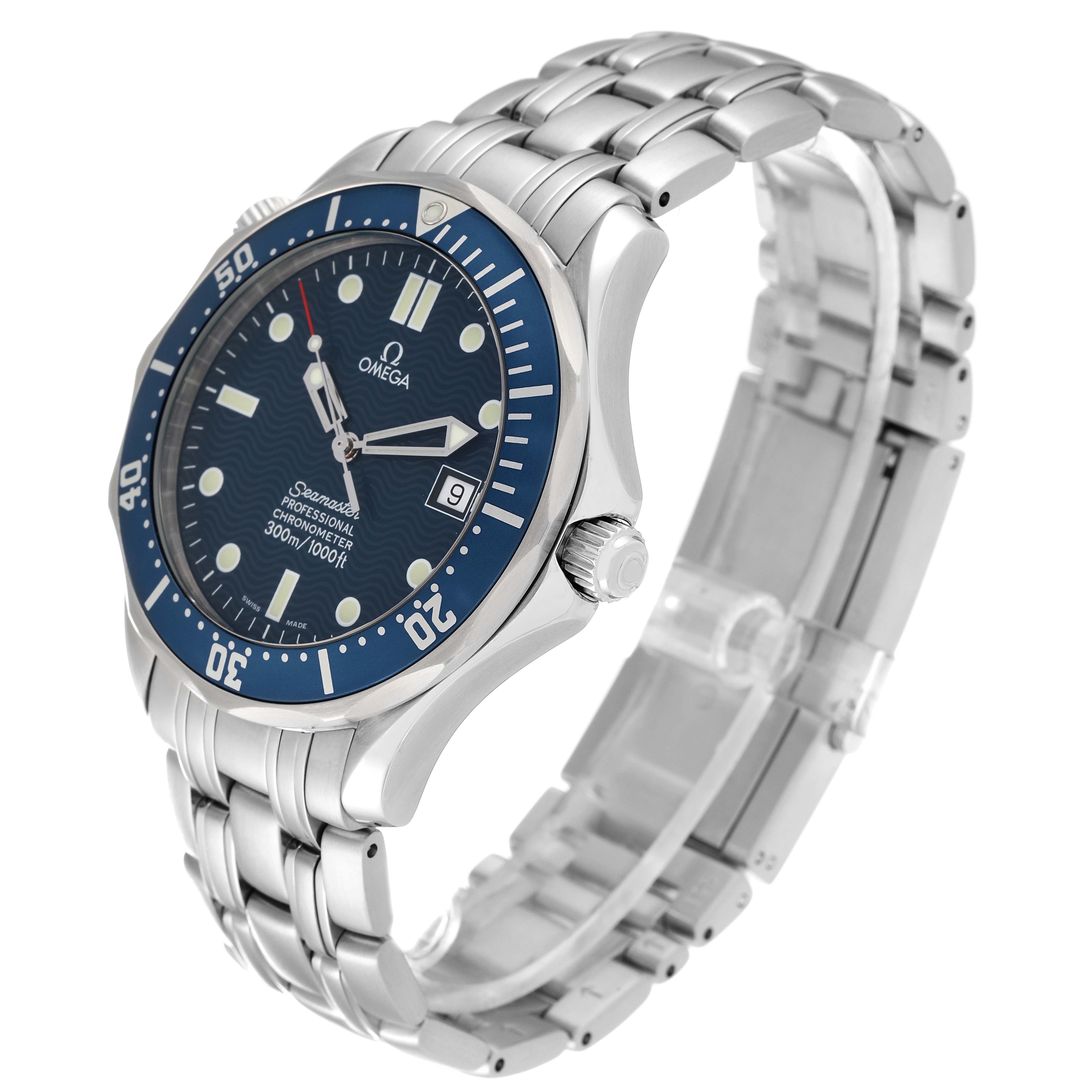 The Omega Seamaster 2531.80.00 Men
s Stainless Steel Blue Dial 2531.80.00 Men
s Stainless Steel Blue Dial watch is shown at an angled view, highlighting the face, bezel, crown, and stainless steel bracelet.
