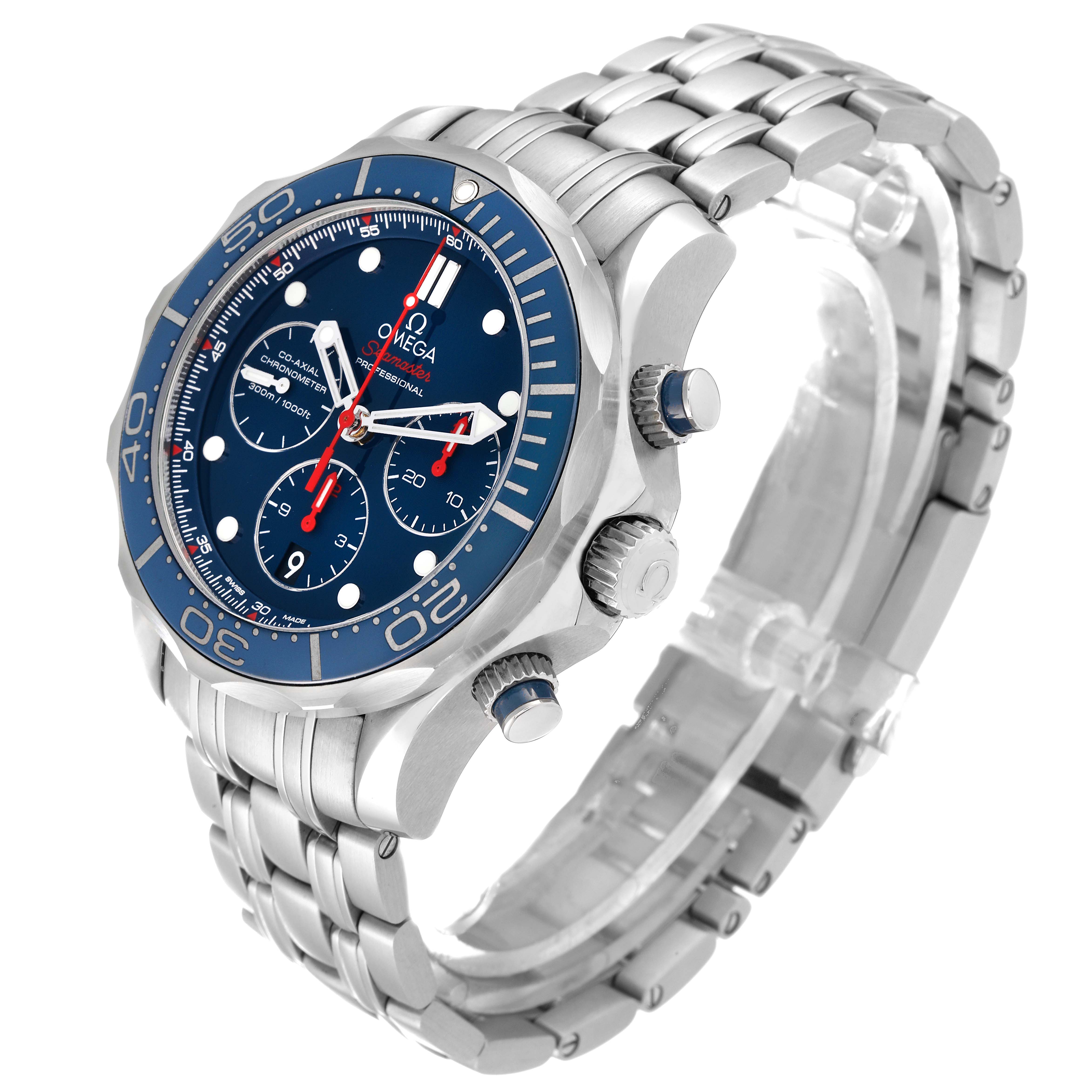 The Omega Seamaster 212.30.44.50.03.001 Men
s Stainless Steel Blue Dial 212.30.44.50.03.001 Men
s Stainless Steel Blue Dial watch is shown at a slight diagonal angle, displaying the face, bezel, buttons, and metal bracelet.