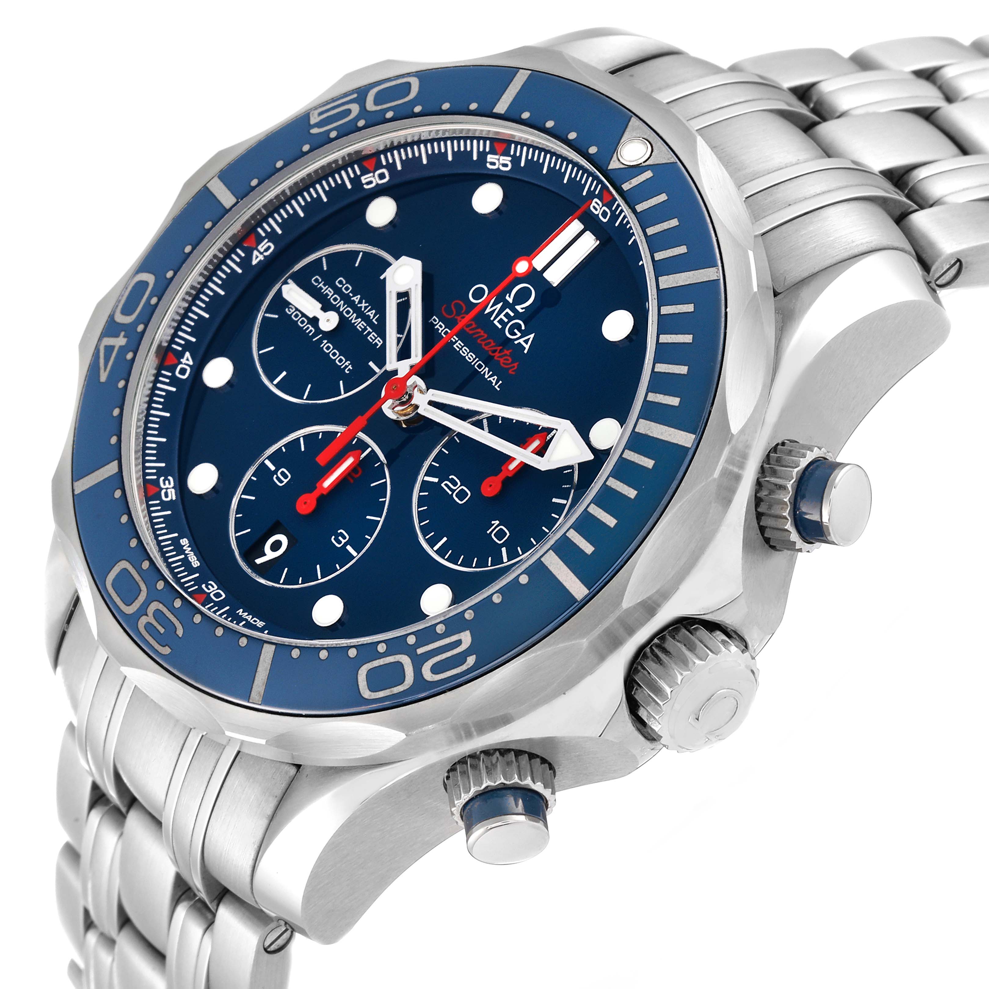 This image shows the Omega Seamaster 212.30.44.50.03.001 Men
s Stainless Steel Blue Dial 212.30.44.50.03.001 Men
s Stainless Steel Blue Dial watch at a slight angle, highlighting the face, bezel, and side buttons.