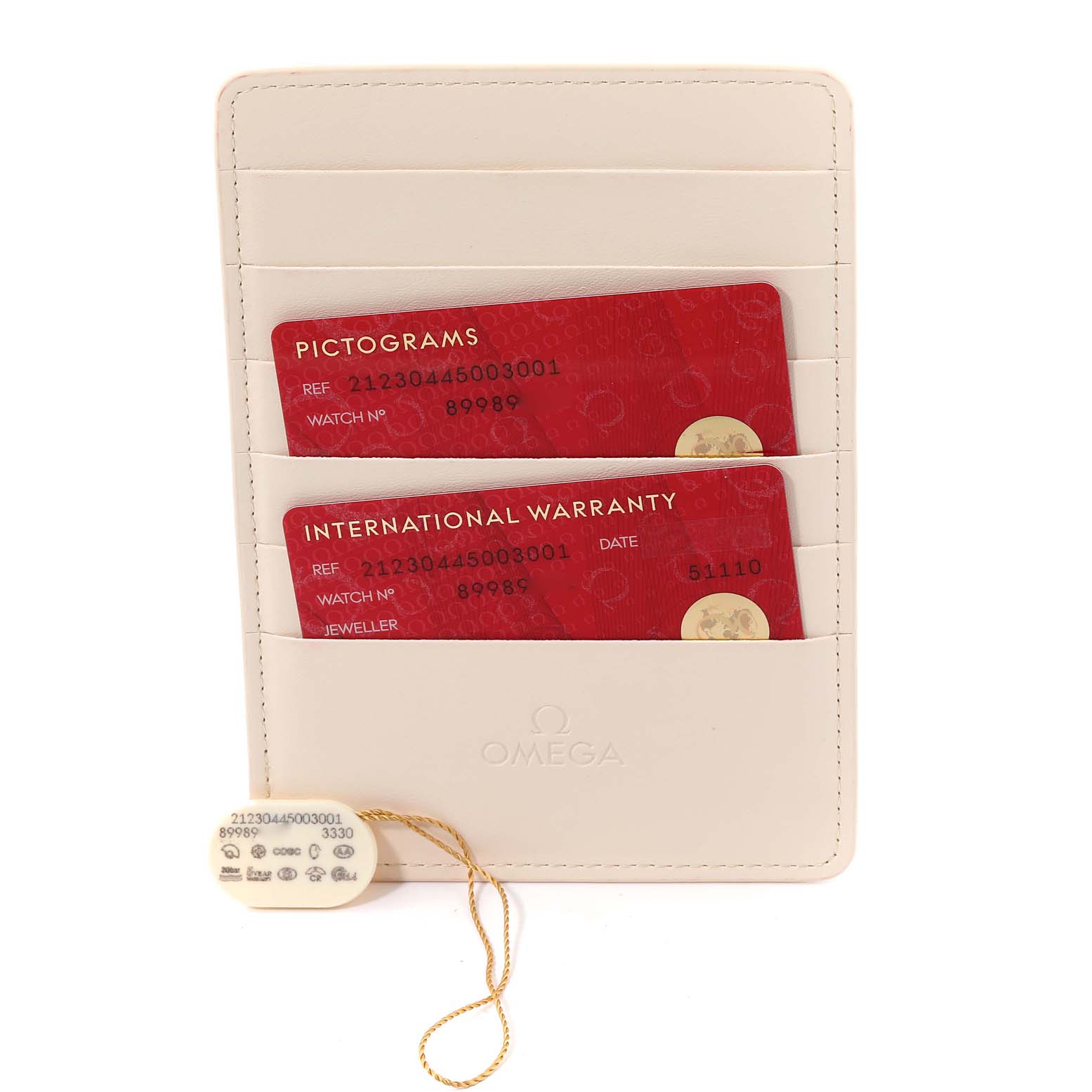 The image shows an Omega Seamaster 212.30.44.50.03.001 Men
s Stainless Steel Blue Dial 212.30.44.50.03.001 Men
s Stainless Steel Blue Dial model
s accessories, including warranty cards and a tag, positioned frontally.