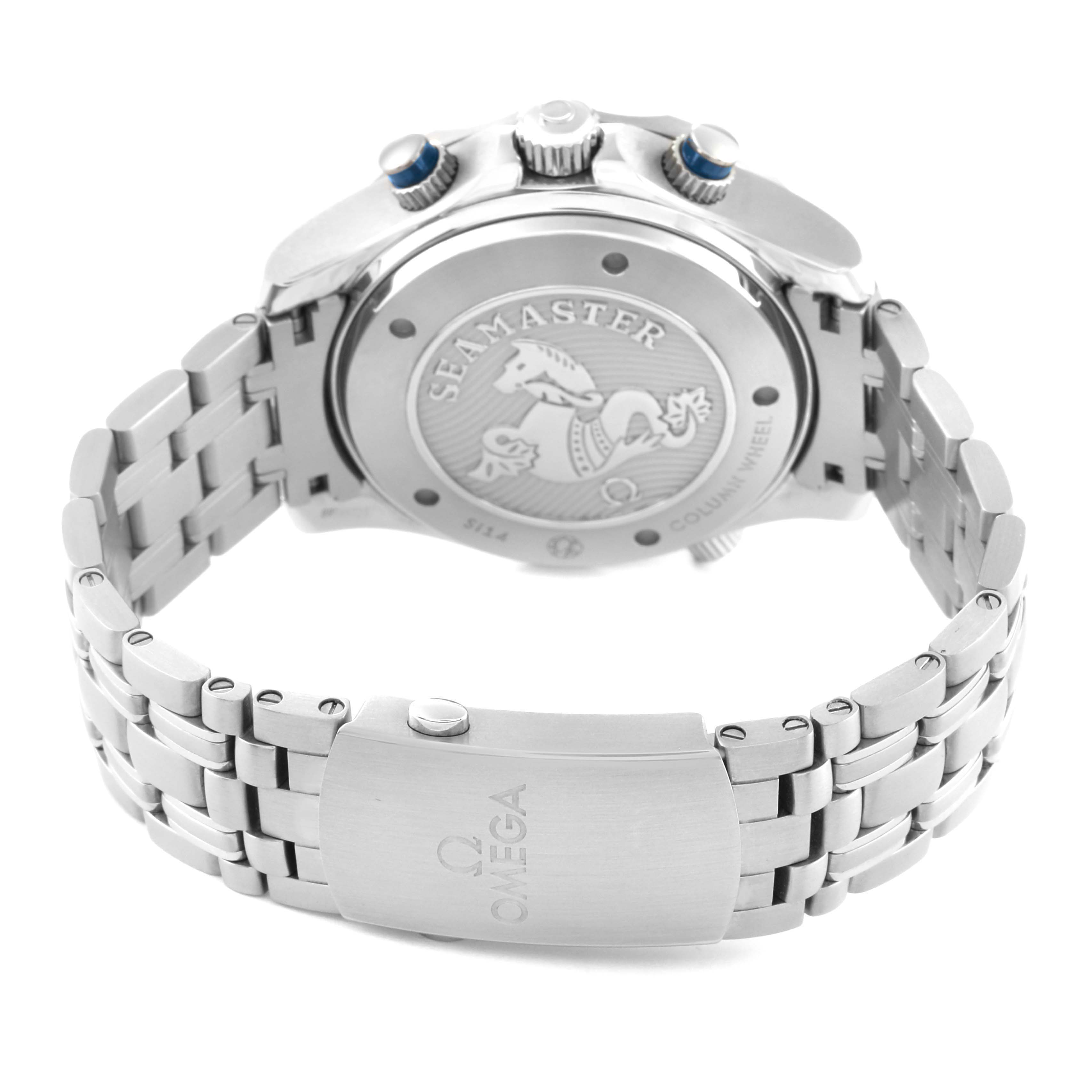 The image shows the back view of an Omega Seamaster 212.30.44.50.03.001 Men
s Stainless Steel Blue Dial 212.30.44.50.03.001 Men
s Stainless Steel Blue Dial watch, highlighting its case back, bracelet, and clasp.