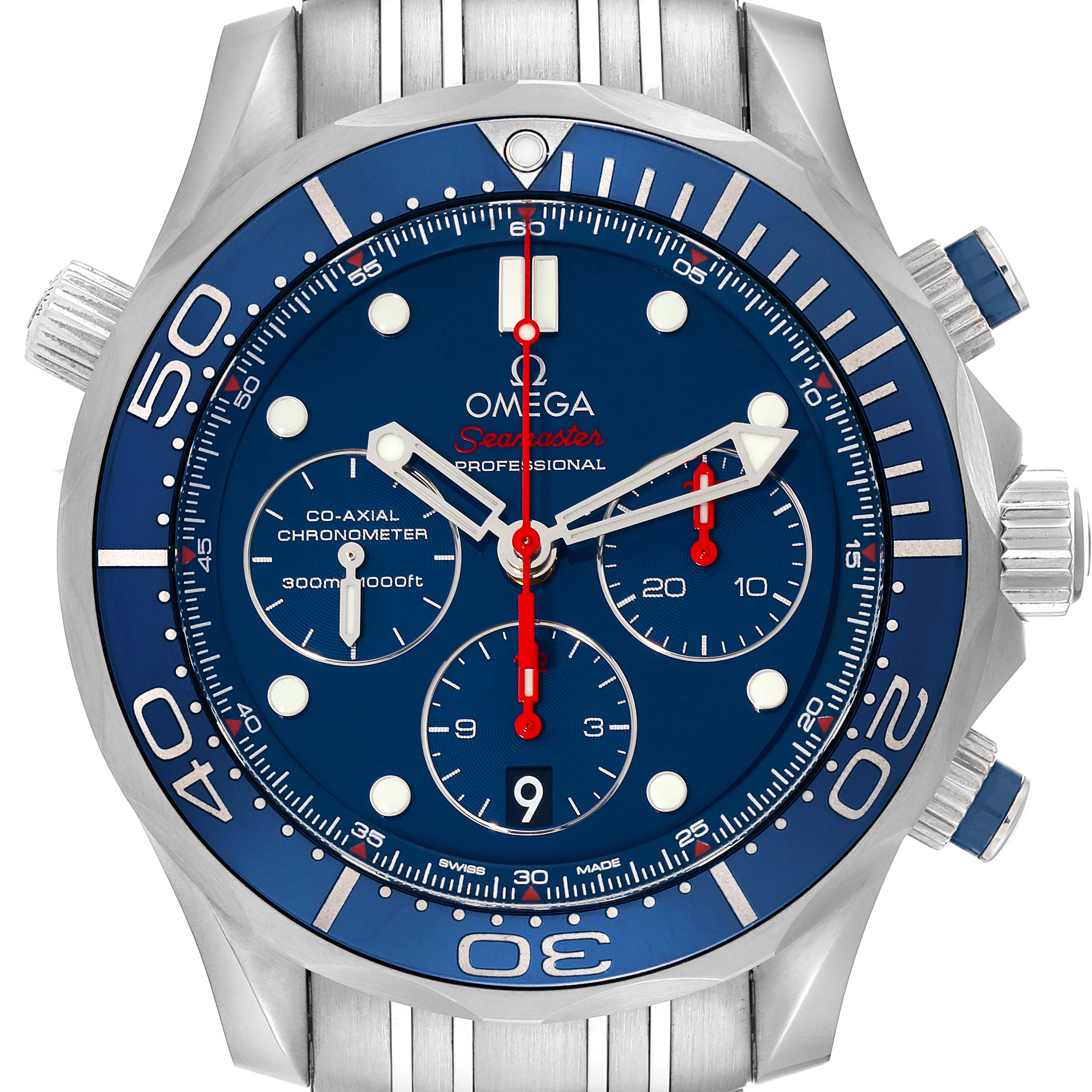 The Omega Seamaster 212.30.44.50.03.001 Men
s Stainless Steel Blue Dial 212.30.44.50.03.001 Men
s Stainless Steel Blue Dial watch is shown from a front angle, displaying the dial, bezel, and stainless steel bracelet.