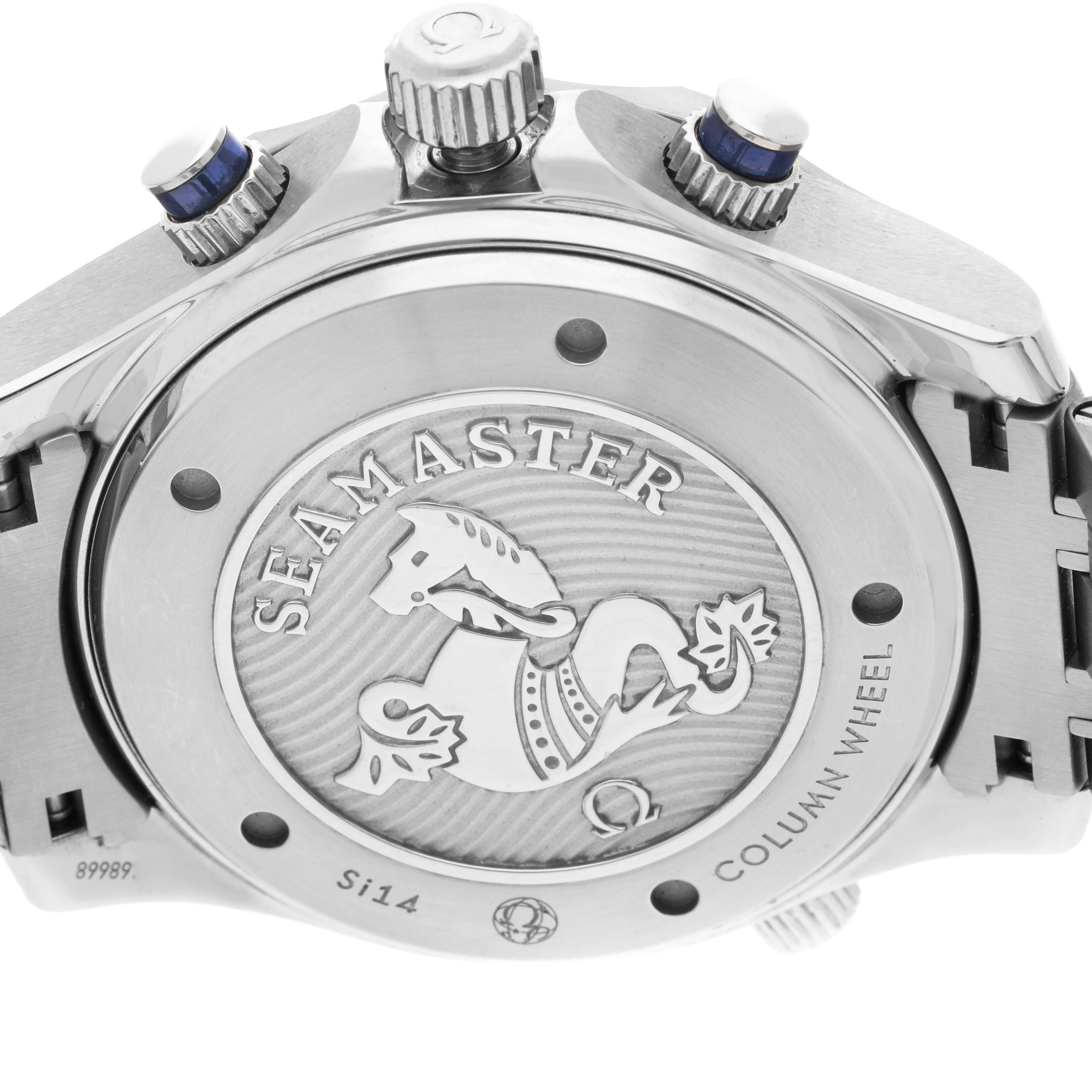 The image shows the back case and crown of the Omega Seamaster 212.30.44.50.03.001 Men
s Stainless Steel Blue Dial 212.30.44.50.03.001 Men
s Stainless Steel Blue Dial watch, highlighting the Seamaster engraving.