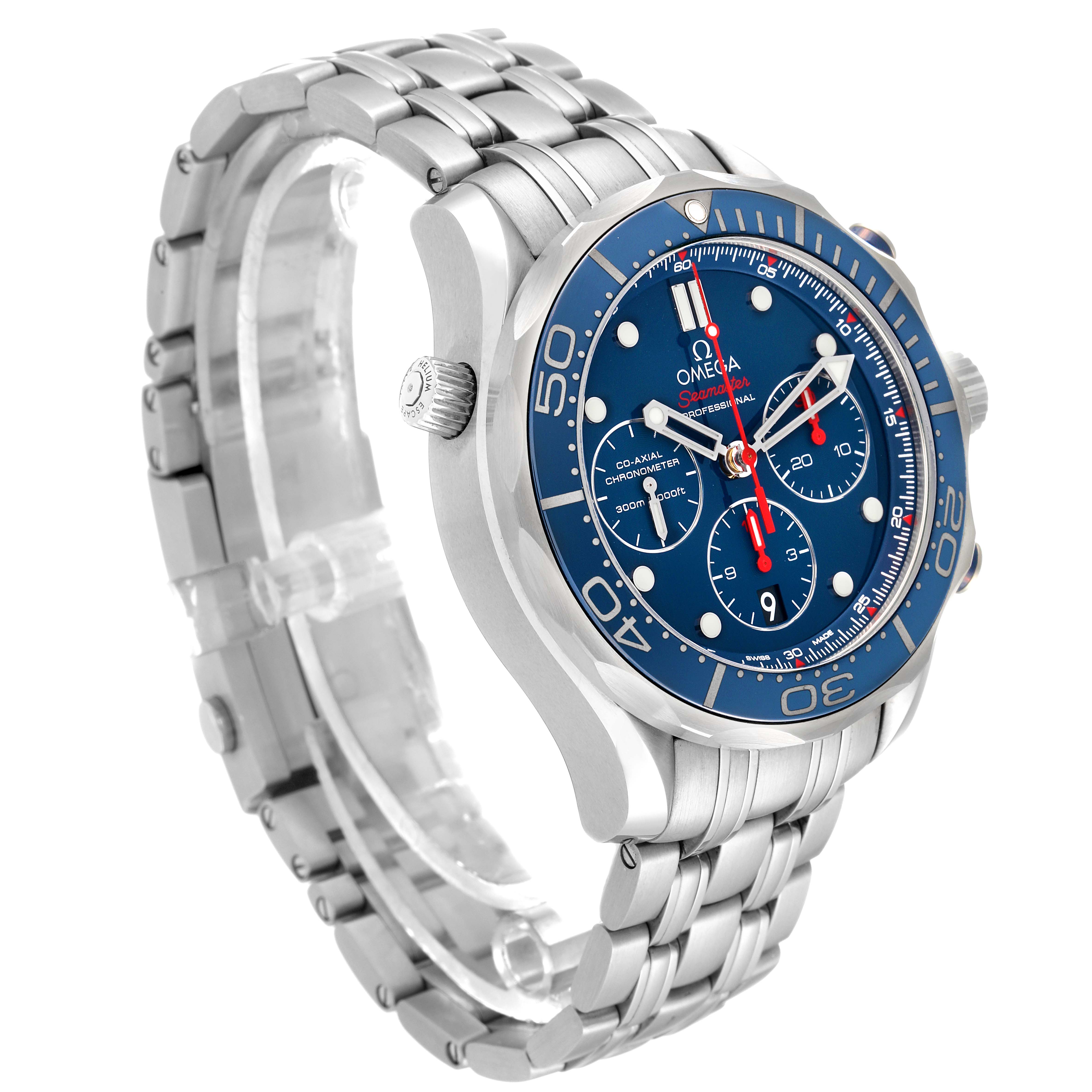 The image shows a side and front angle of the Omega Seamaster 212.30.44.50.03.001 Men
s Stainless Steel Blue Dial 212.30.44.50.03.001 Men
s Stainless Steel Blue Dial watch, highlighting its blue dial, case, and stainless steel bracelet.