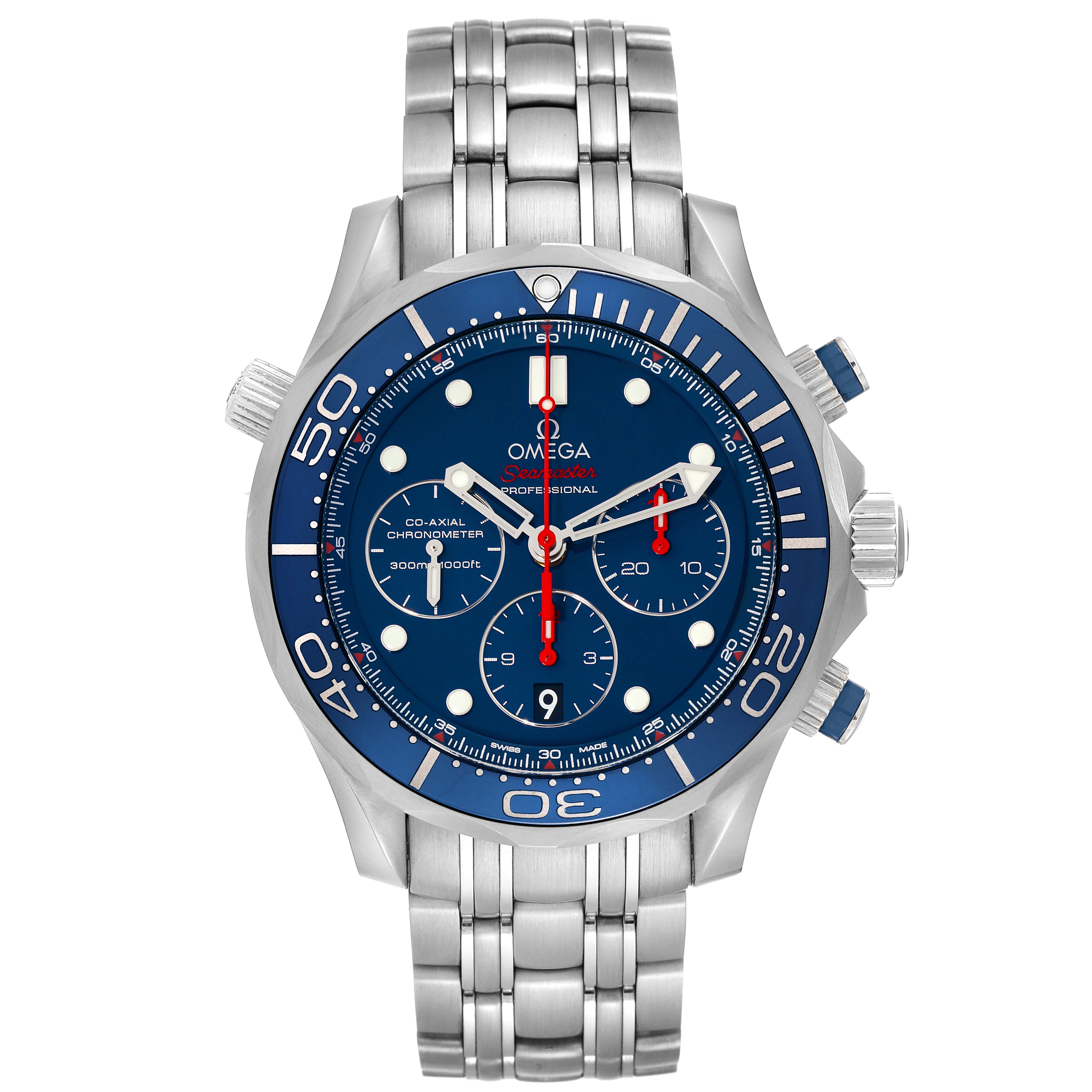 This Omega Seamaster 212.30.44.50.03.001 Men
s Stainless Steel Blue Dial 212.30.44.50.03.001 Men
s Stainless Steel Blue Dial watch is shown from a front angle, displaying its stainless steel bracelet and detailed blue dial.