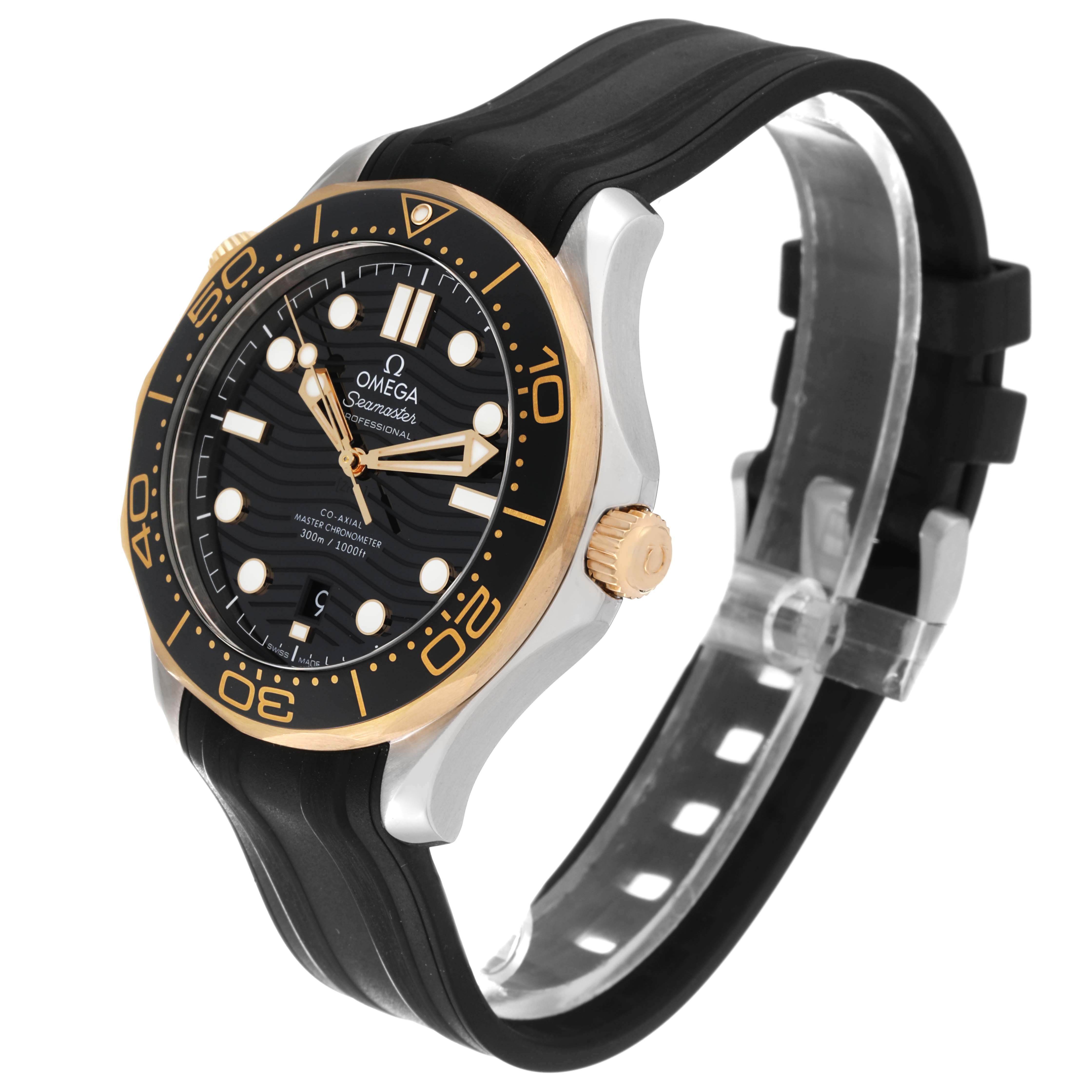 The image shows a side view of the Omega Seamaster 210.22.42.20.01.001 Men's Steel and Gold (two tone) Black Dial 210.22.42.20.01.001 Men's Steel and Gold (two tone) Black Dial watch, highlighting its black dial, gold bezel, and black rubber strap.