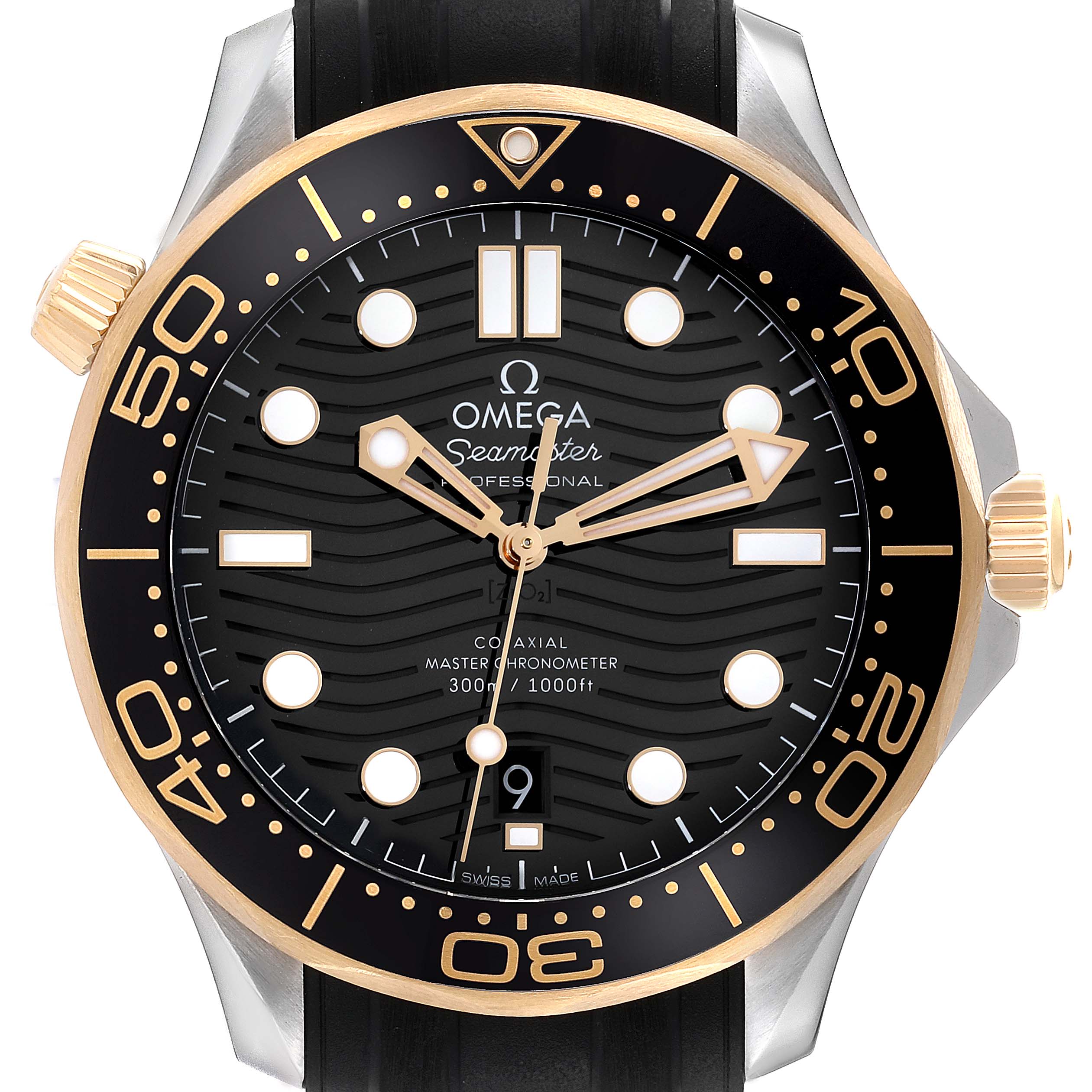 This image shows a close-up front view of the Omega Seamaster 210.22.42.20.01.001 Men's Steel and Gold (two tone) Black Dial 210.22.42.20.01.001 Men's Steel and Gold (two tone) Black Dial watch, highlighting its face, bezel, and strap.
