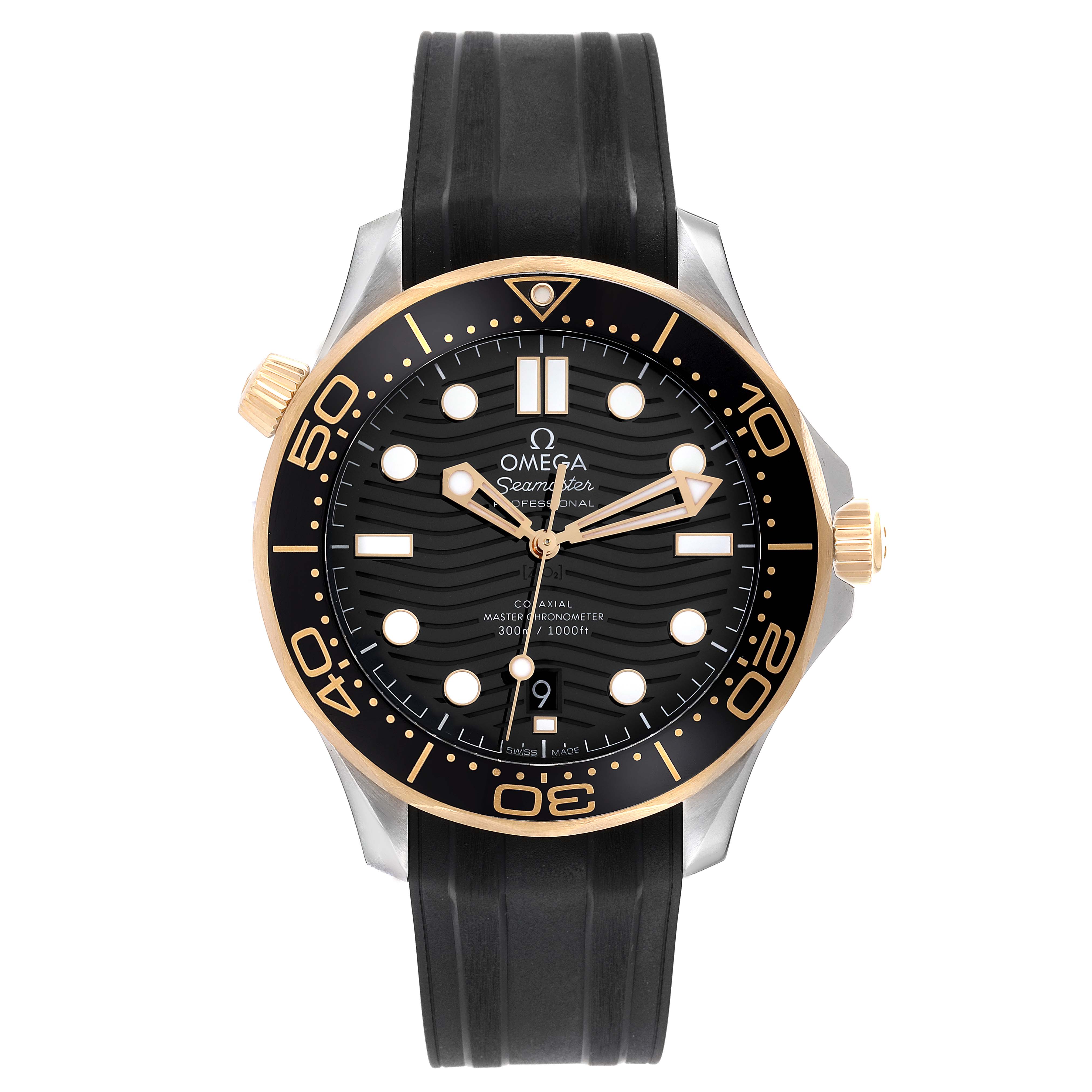 The Omega Seamaster 210.22.42.20.01.001 Men's Steel and Gold (two tone) Black Dial 210.22.42.20.01.001 Men's Steel and Gold (two tone) Black Dial watch is shown from a frontal angle, highlighting its face, bezel, crown, and strap.