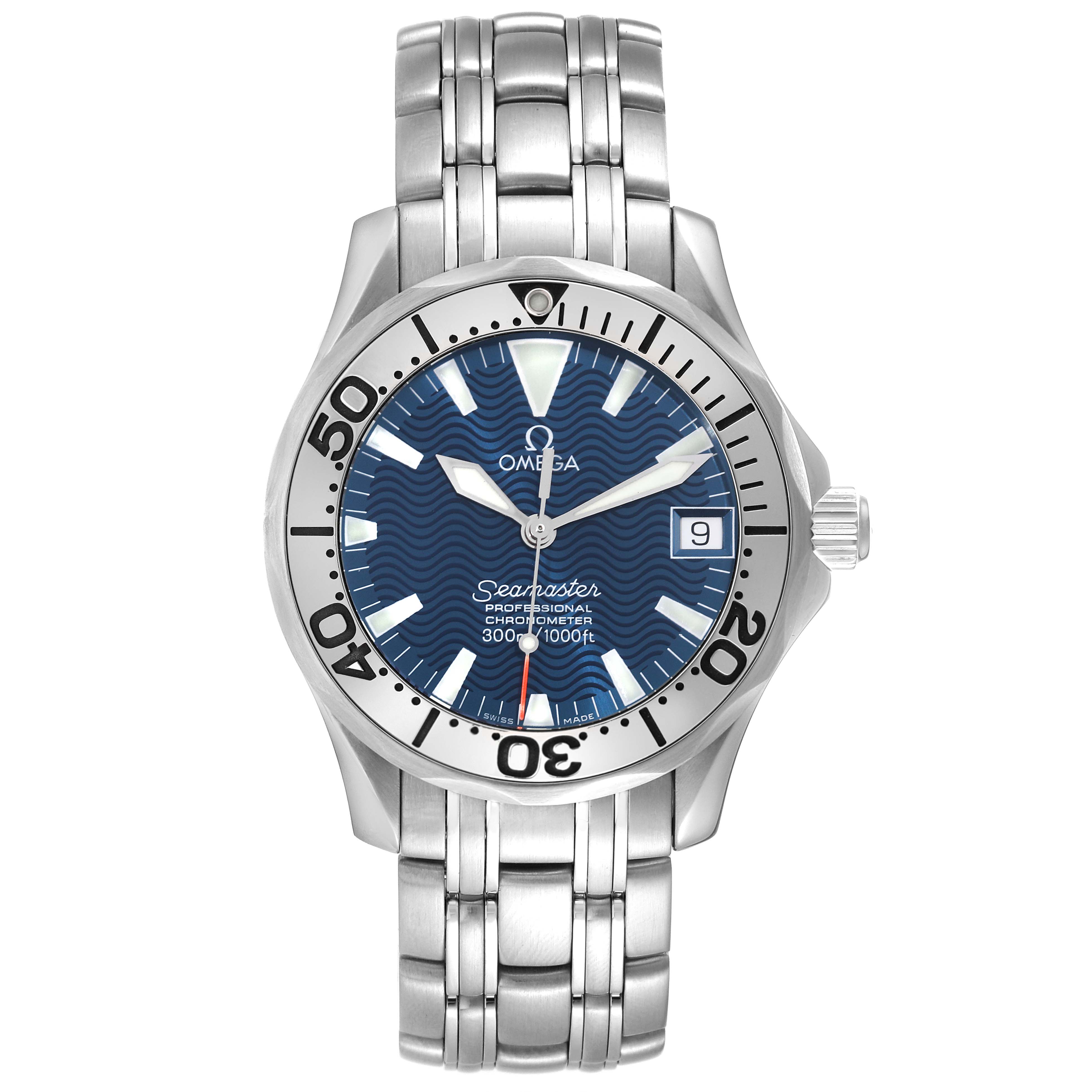 The image shows a front view of the Omega Seamaster 2554.80.00 Men
s Stainless Steel Blue Dial 2554.80.00 Men
s Stainless Steel Blue Dial watch, showcasing its dial, bezel, hands, crown, and metallic bracelet.