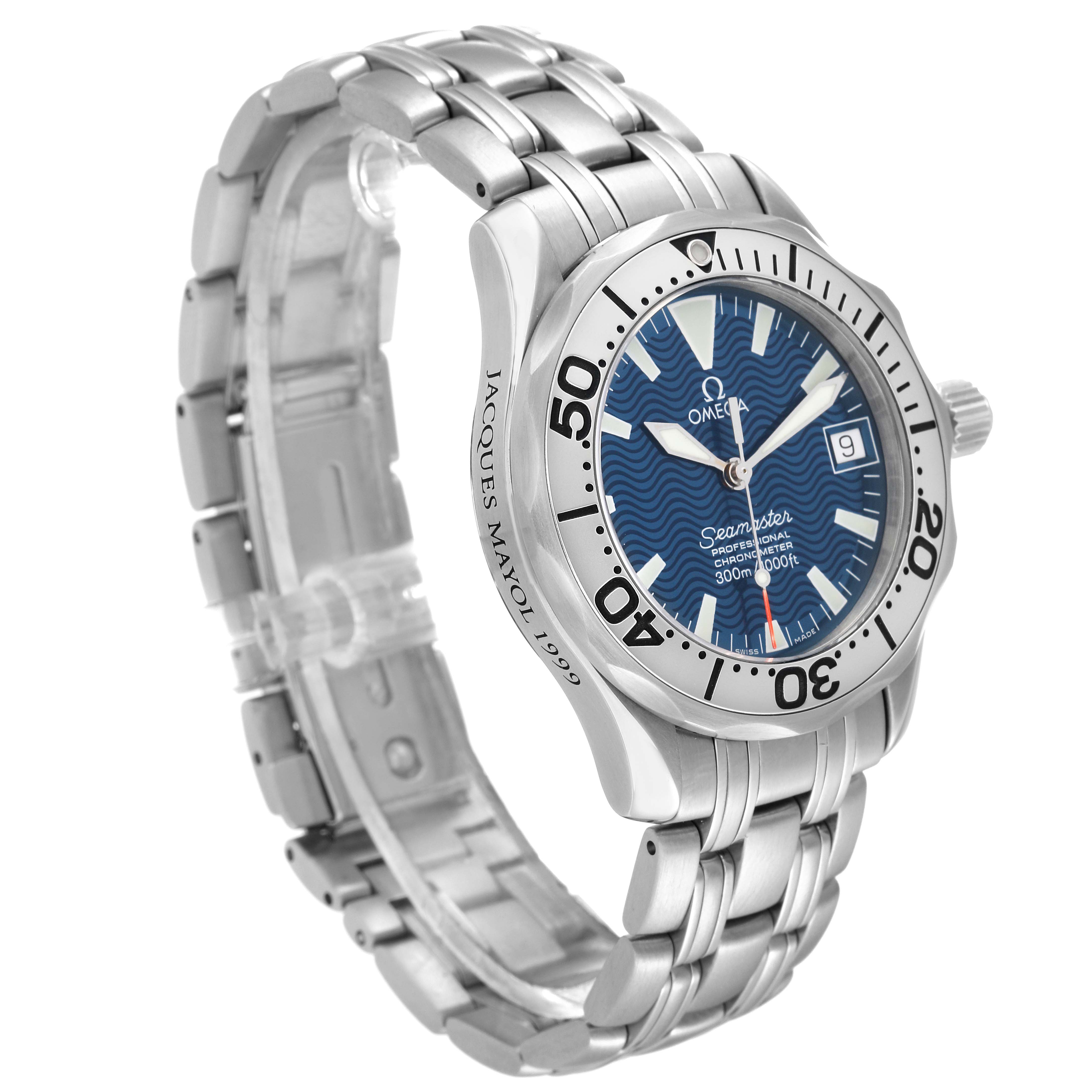 The Omega Seamaster 2554.80.00 Men
s Stainless Steel Blue Dial 2554.80.00 Men
s Stainless Steel Blue Dial watch is shown at an angled side view, highlighting the face, bezel, and metal bracelet.