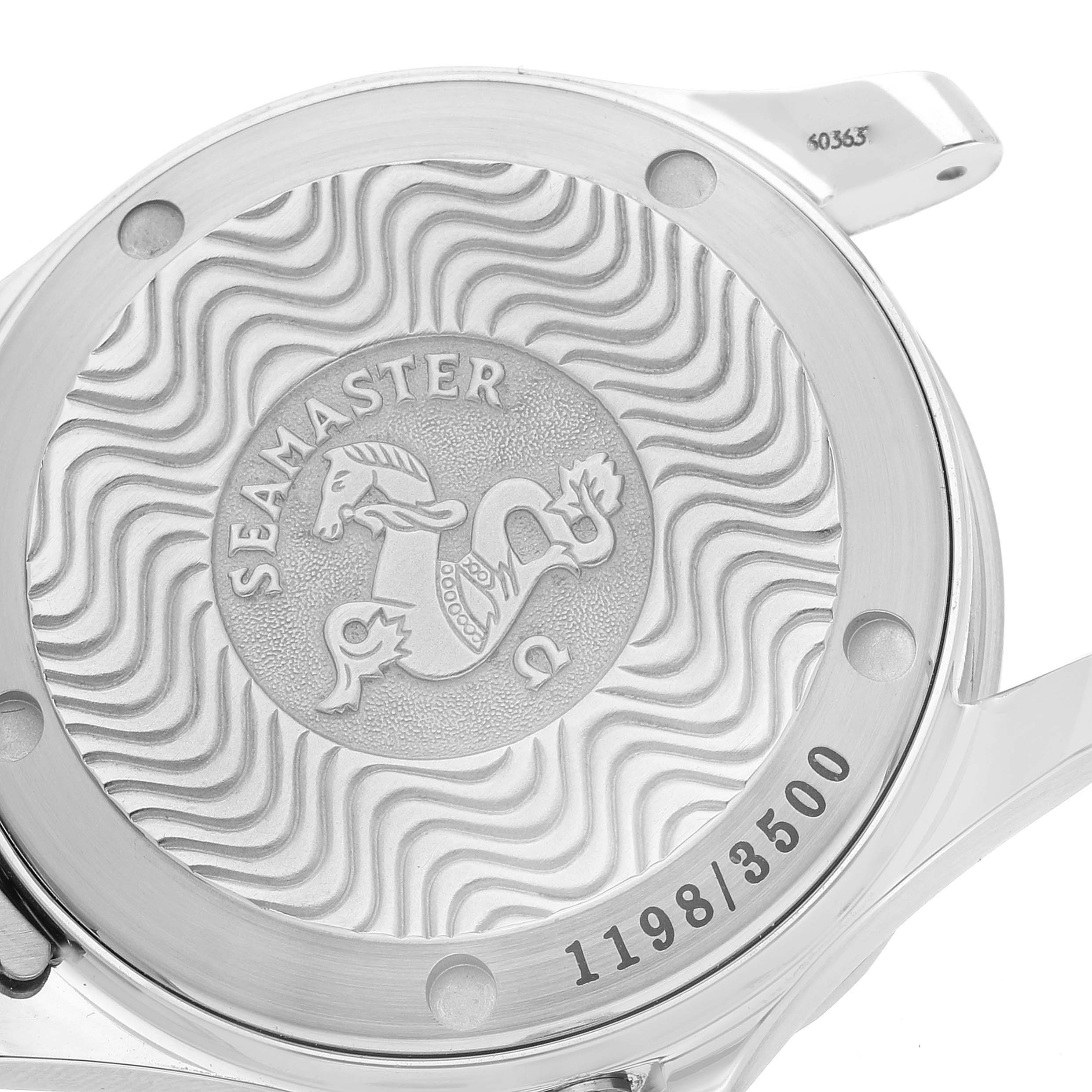 The image shows the back case of an Omega Seamaster 2554.80.00 Men
s Stainless Steel Blue Dial 2554.80.00 Men
s Stainless Steel Blue Dial watch, featuring an engraved design and a serial number.