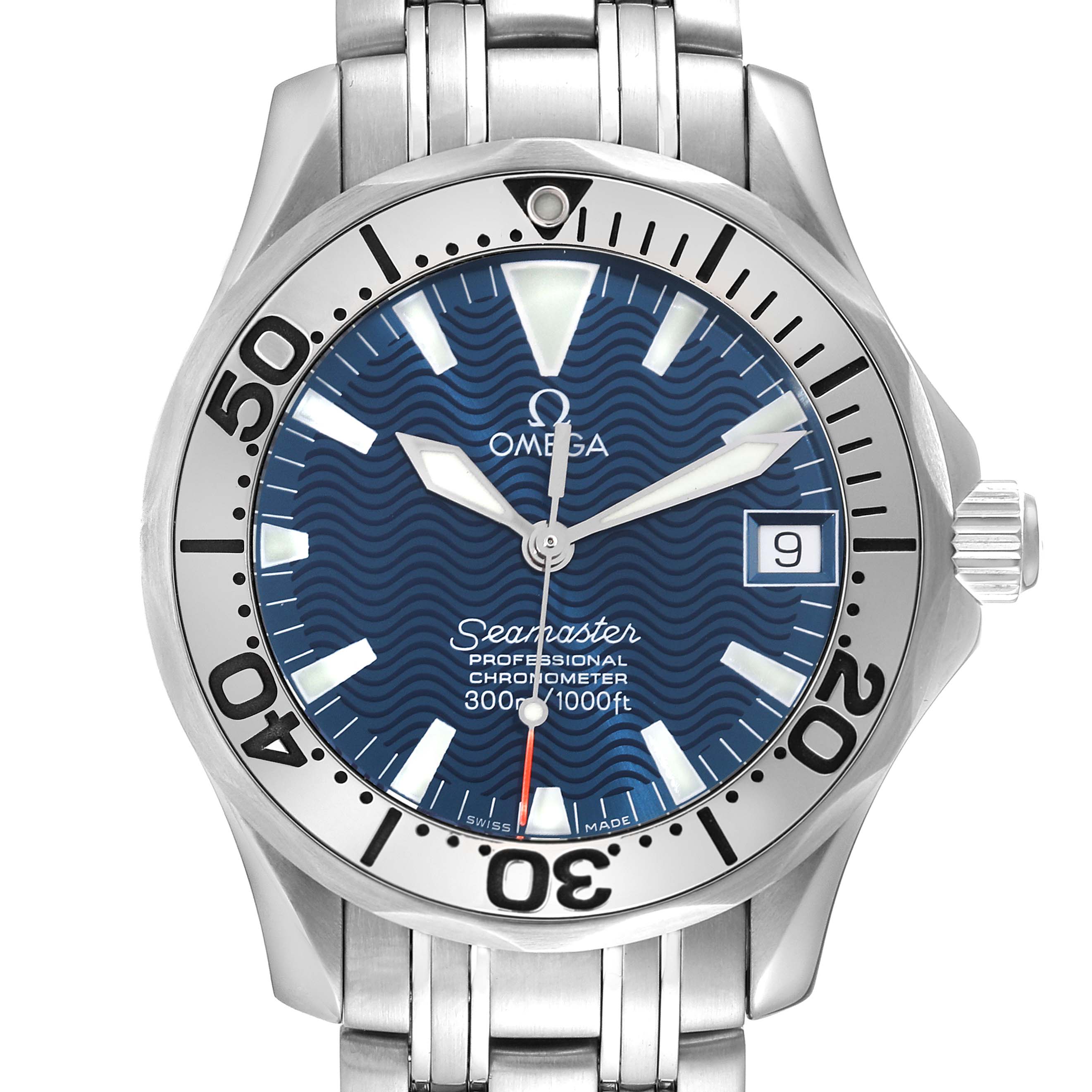 The Omega Seamaster 2554.80.00 Men
s Stainless Steel Blue Dial 2554.80.00 Men
s Stainless Steel Blue Dial watch is shown from the front, showcasing its dial, bezel, and part of its metal bracelet.