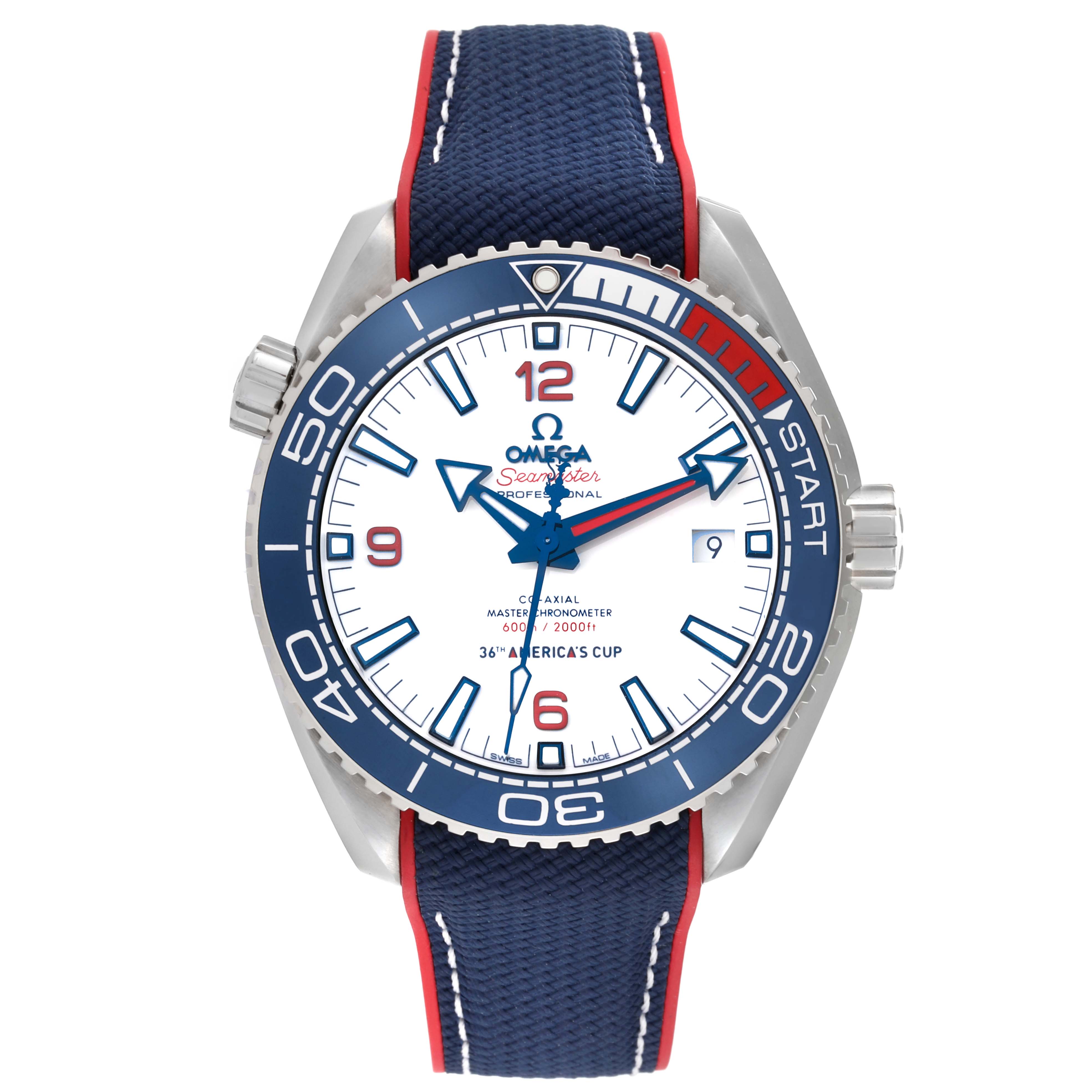 The image shows a front view of the Omega Planet Ocean 215.32.43.21.04.001 Men's Stainless Steel White Dial 215.32.43.21.04.001 Men's Stainless Steel White Dial watch, highlighting its dial, bezel, crown, and strap.