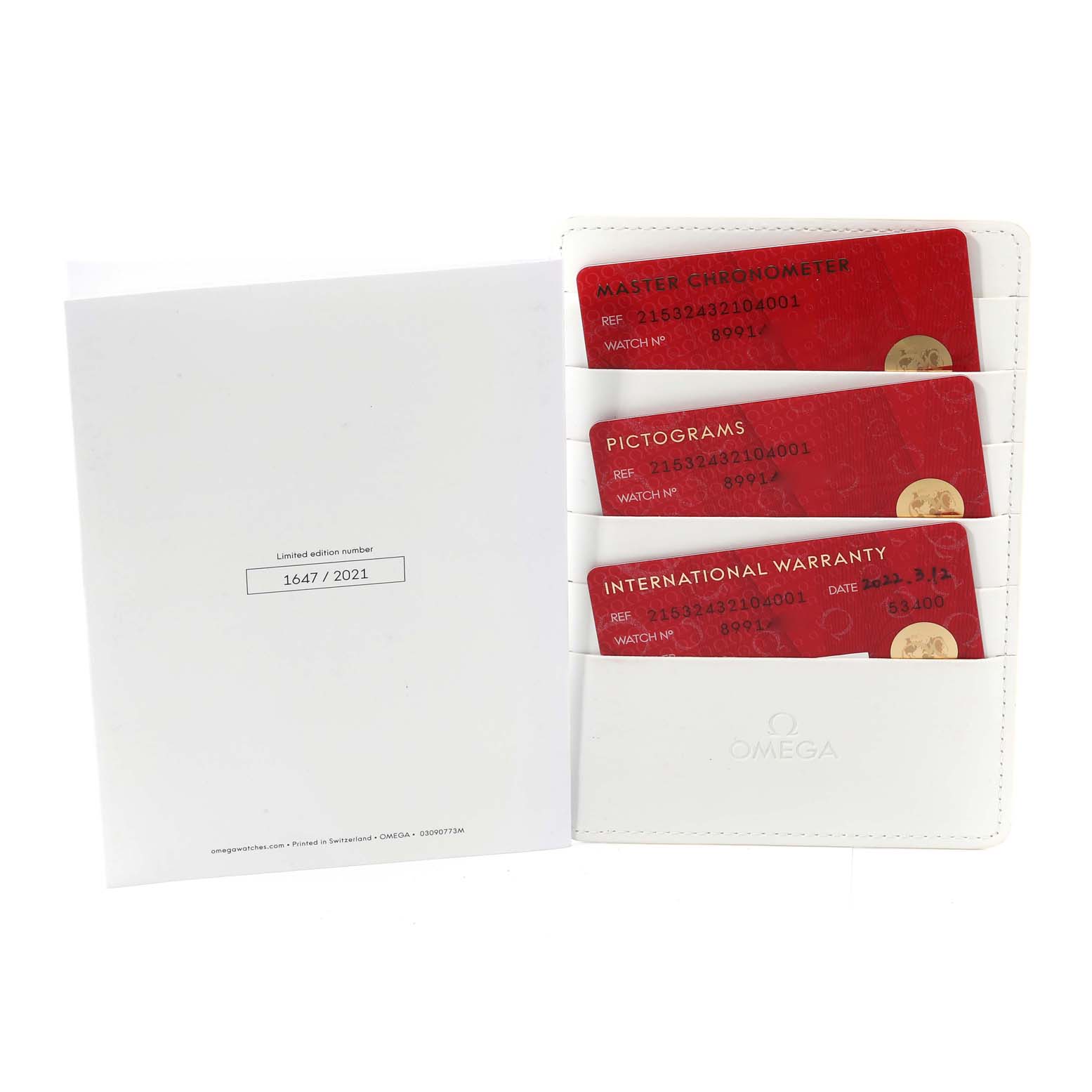 The image shows a white folder with three red cards for the Omega Planet Ocean 215.32.43.21.04.001 Men's Stainless Steel White Dial 215.32.43.21.04.001 Men's Stainless Steel White Dial model, including master chronometer, pictograms, and international warranty cards.