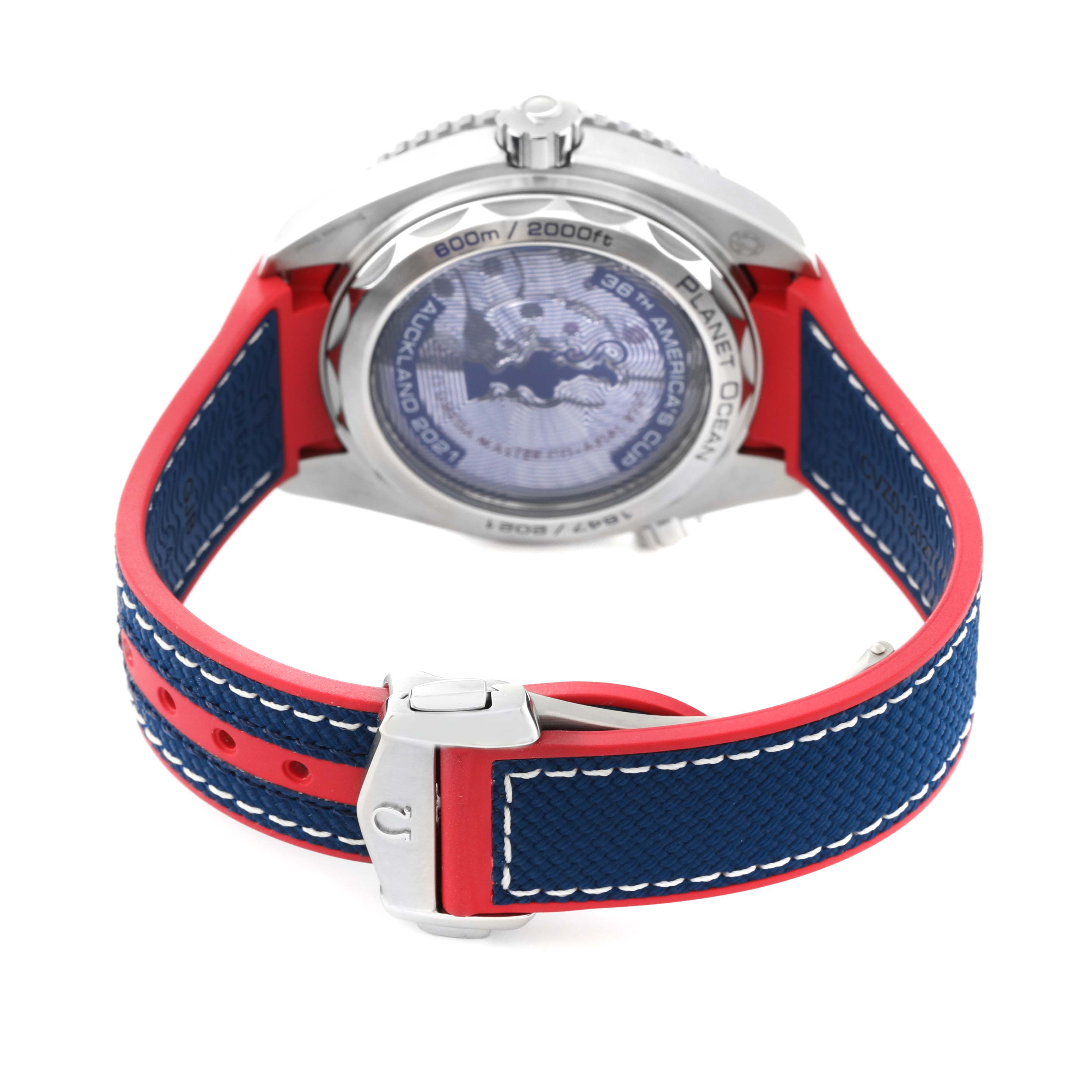 The image shows the back view of the Omega Planet Ocean 215.32.43.21.04.001 Men's Stainless Steel White Dial 215.32.43.21.04.001 Men's Stainless Steel White Dial watch, highlighting the case back and the blue and red strap with stitching.