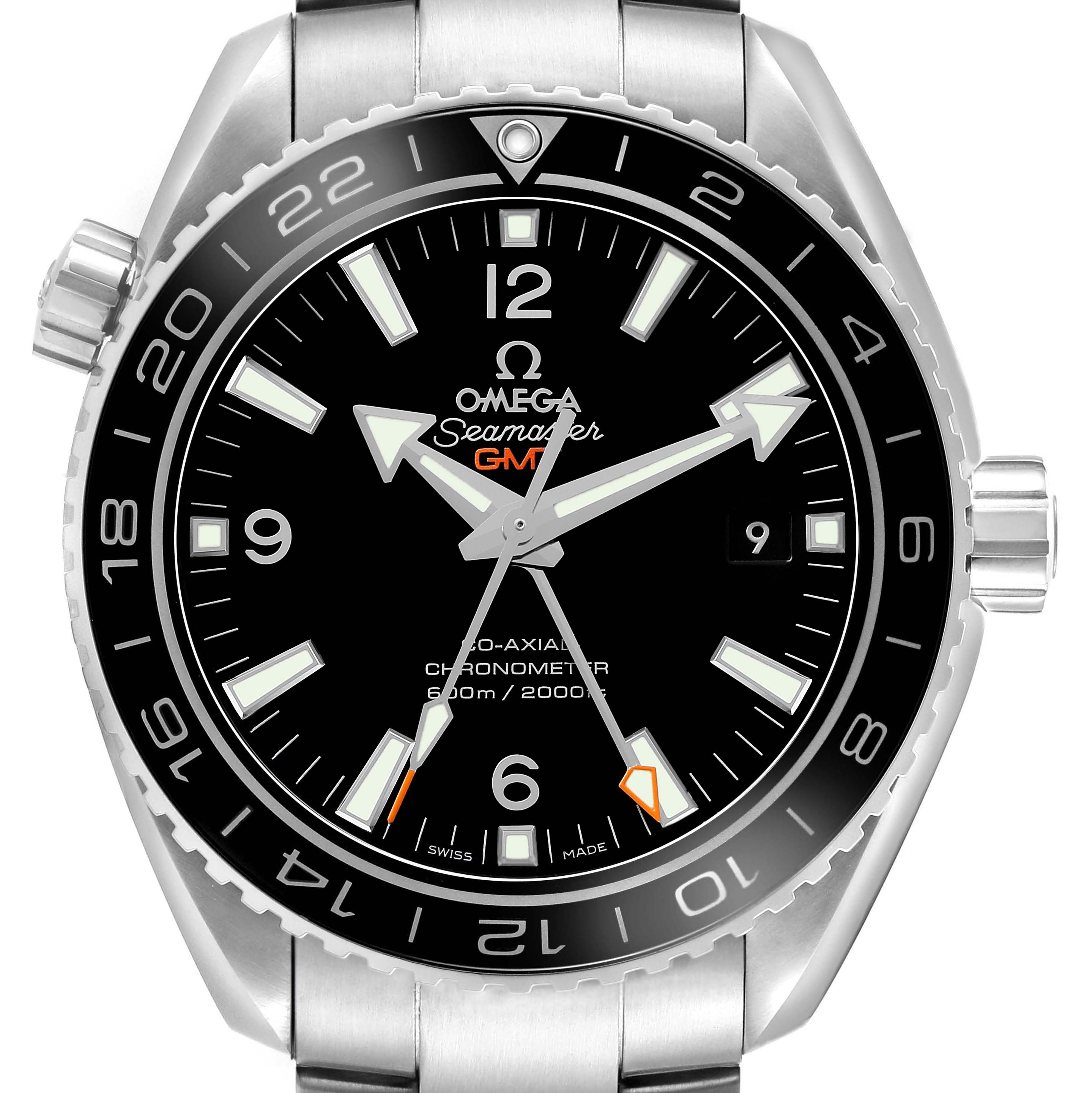 The front view of the Omega Planet Ocean OMEGA SEAMASTER PLANET OCEAN GMT MENS WATCH 232.30.44.22.01.001 CARD Men's Stainless Steel Black Dial watch shows the dial, bezel, and part of the bracelet.