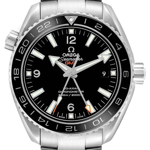 The Omega Planet Ocean OMEGA SEAMASTER PLANET OCEAN GMT MENS WATCH 232.30.44.22.01.001 CARD Men's Stainless Steel Black Dial watch is shown from the front, displaying the face, bezel, and crown.