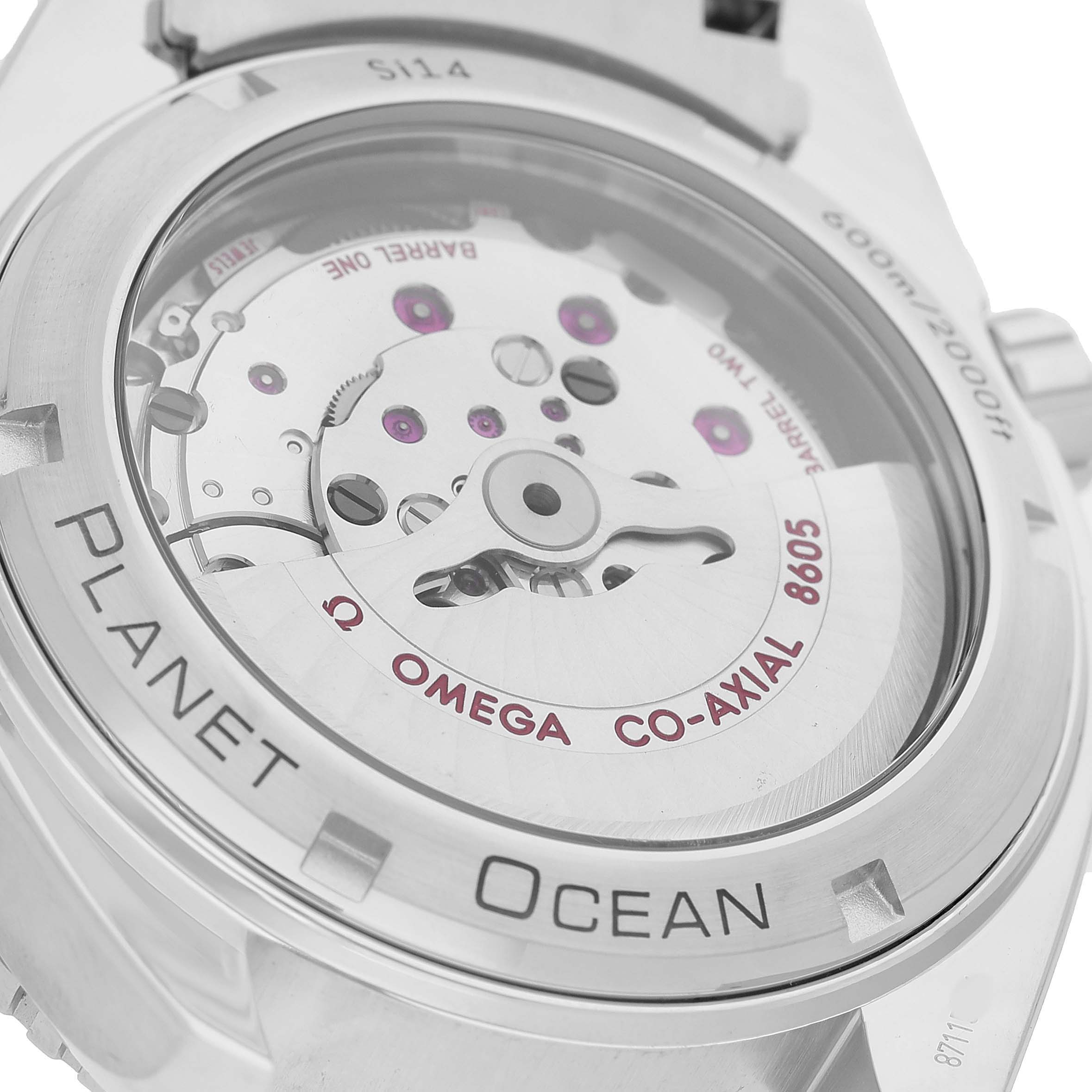 The image shows the case back of an Omega Planet Ocean OMEGA SEAMASTER PLANET OCEAN GMT MENS WATCH 232.30.44.22.01.001 CARD Men's Stainless Steel Black Dial watch, highlighting its Co-Axial movement.