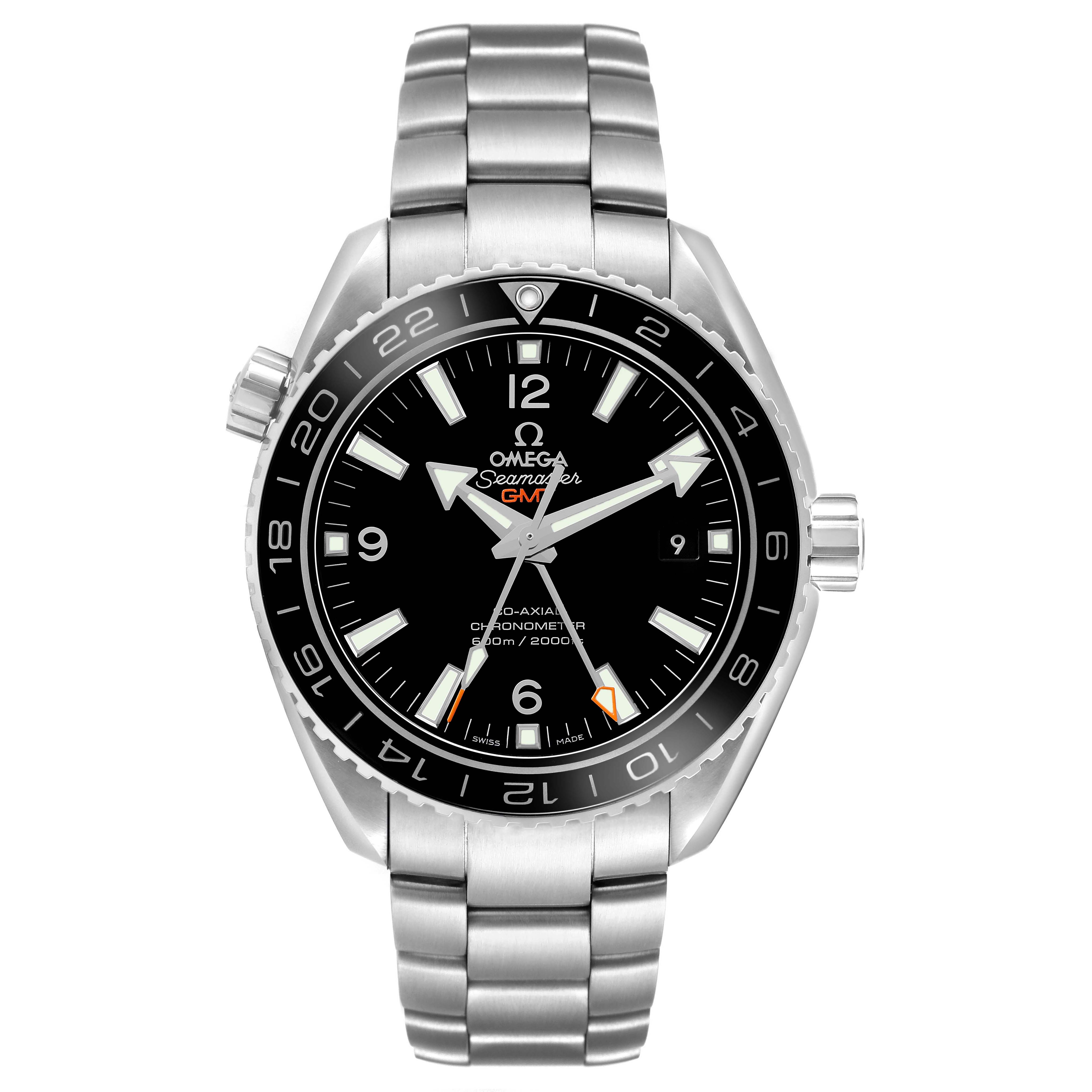 The Omega Planet Ocean OMEGA SEAMASTER PLANET OCEAN GMT MENS WATCH 232.30.44.22.01.001 CARD Men's Stainless Steel Black Dial watch is shown from the front, displaying its face, bezel, and bracelet.