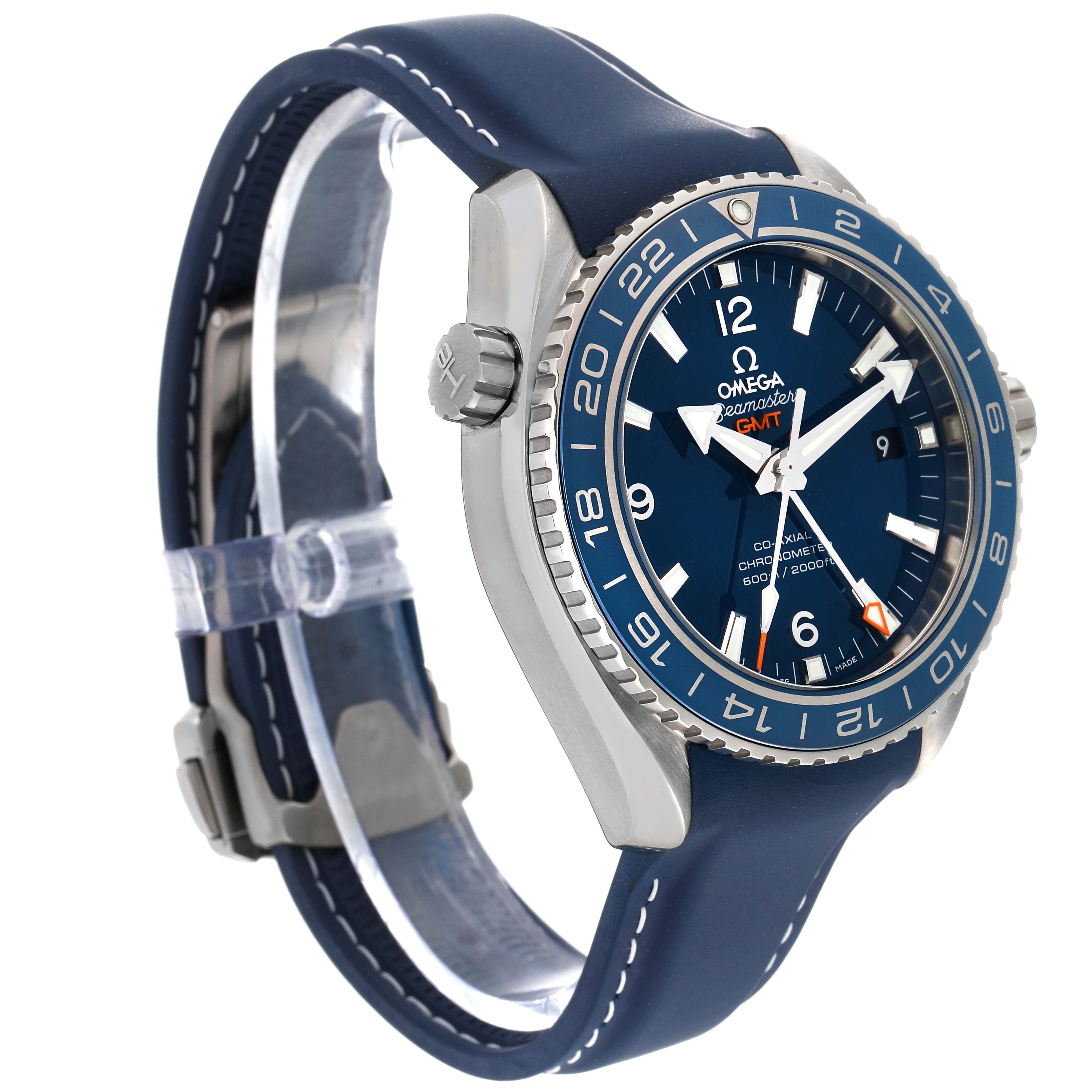 The image shows a side angle of the Omega Planet Ocean 232.92.44.22.03.001 Men
s Titanium Blue Dial 232.92.44.22.03.001 Men
s Titanium Blue Dial watch, highlighting the blue dial, bezel, and strap.