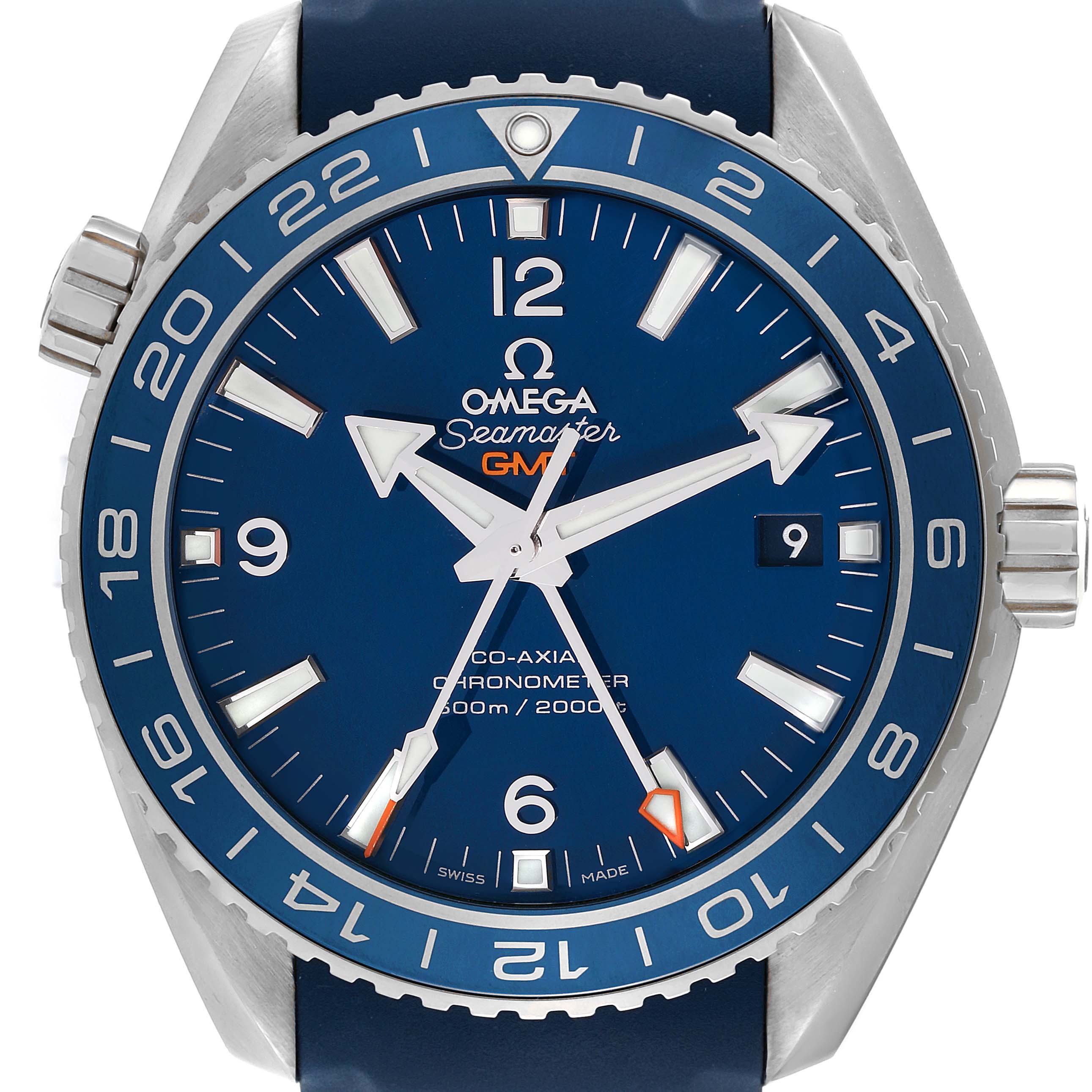The image shows a front angle view of the Omega Planet Ocean 232.92.44.22.03.001 Men
s Titanium Blue Dial 232.92.44.22.03.001 Men
s Titanium Blue Dial watch, highlighting the dial, hands, bezel, and crown.