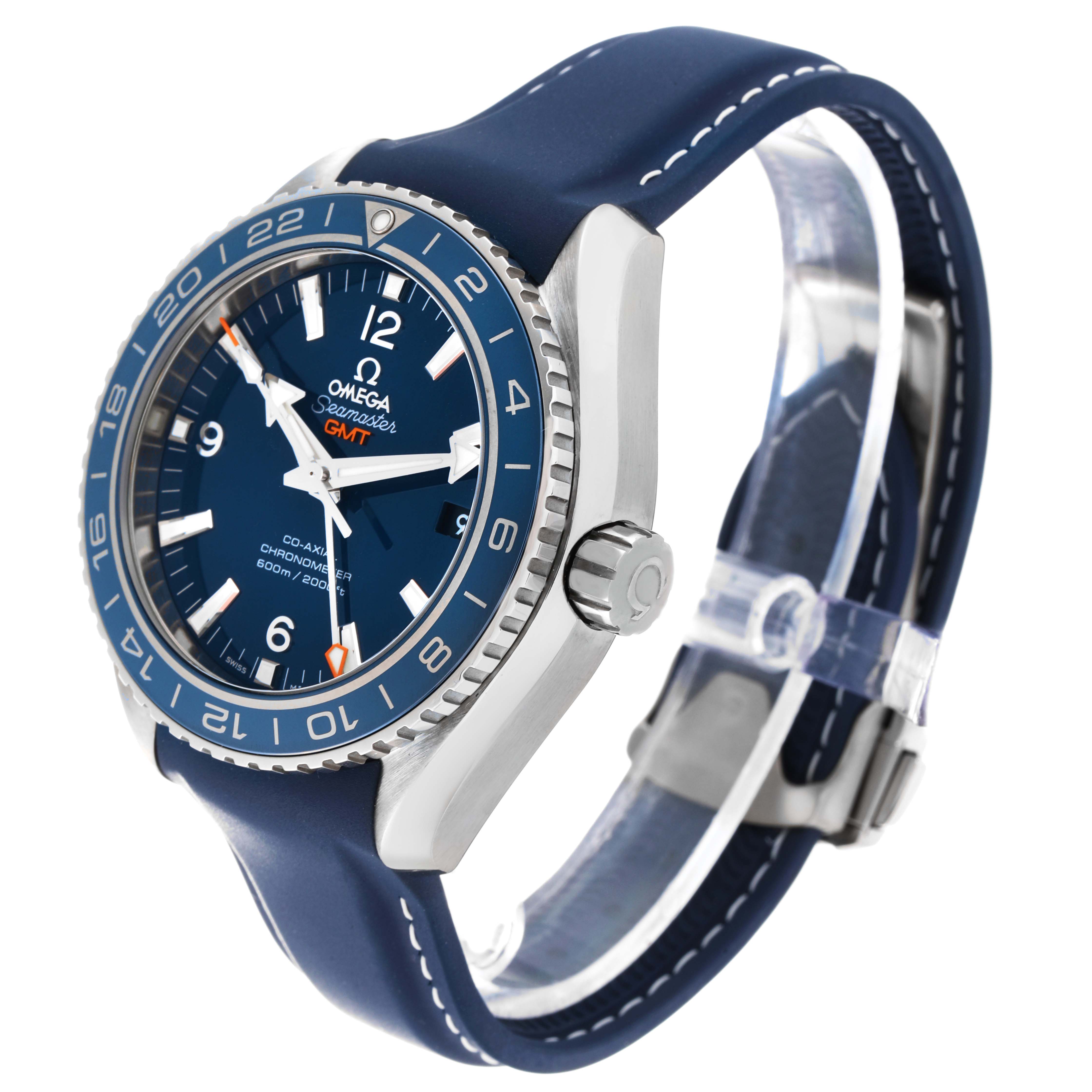 This image shows the Omega Planet Ocean 232.92.44.22.03.001 Men
s Titanium Blue Dial 232.92.44.22.03.001 Men
s Titanium Blue Dial watch at a slight angle, highlighting its face, bezel, crown, and blue strap.