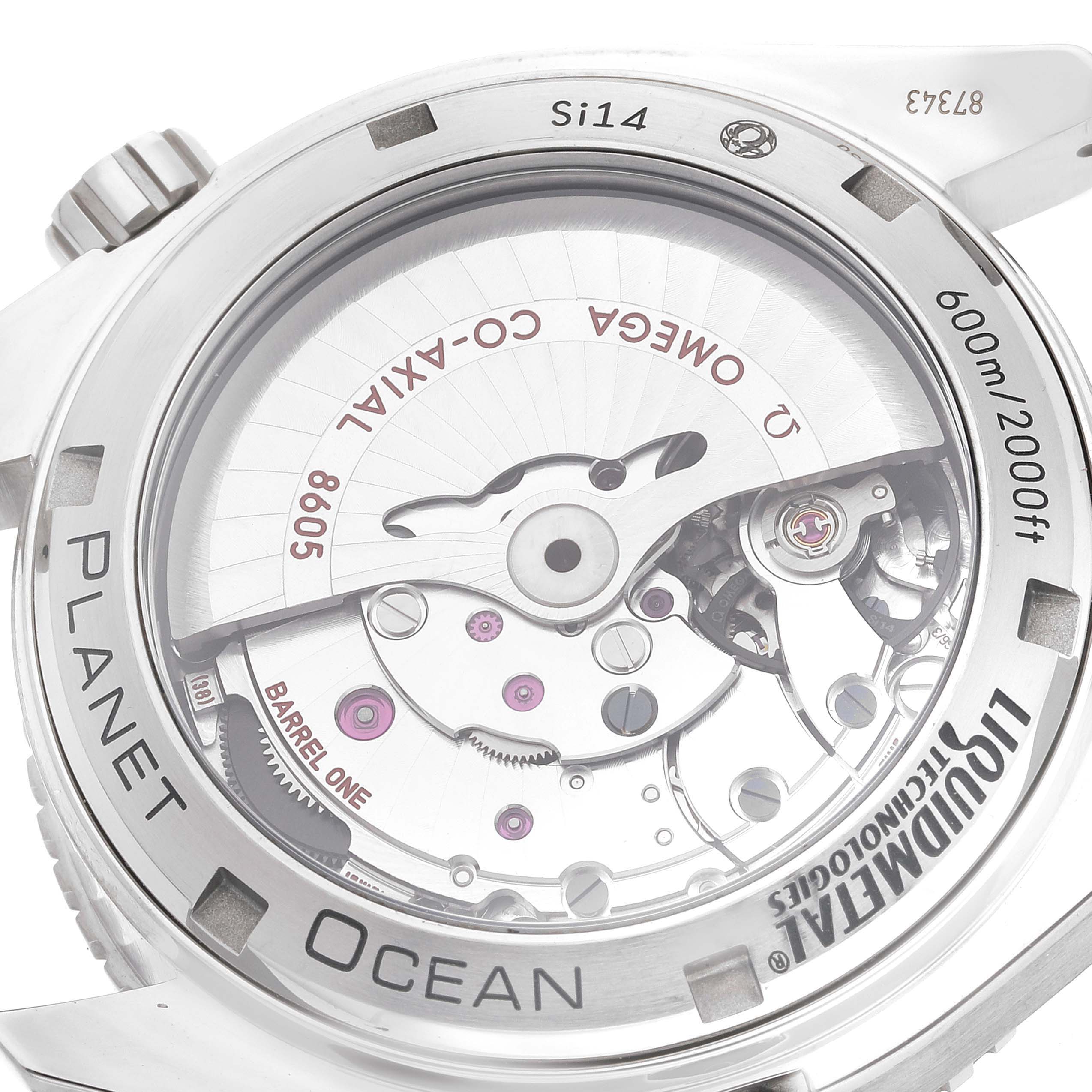 This image shows the transparent case back and intricate inner mechanism of the Omega Planet Ocean 232.92.44.22.03.001 Men
s Titanium Blue Dial 232.92.44.22.03.001 Men
s Titanium Blue Dial watch.