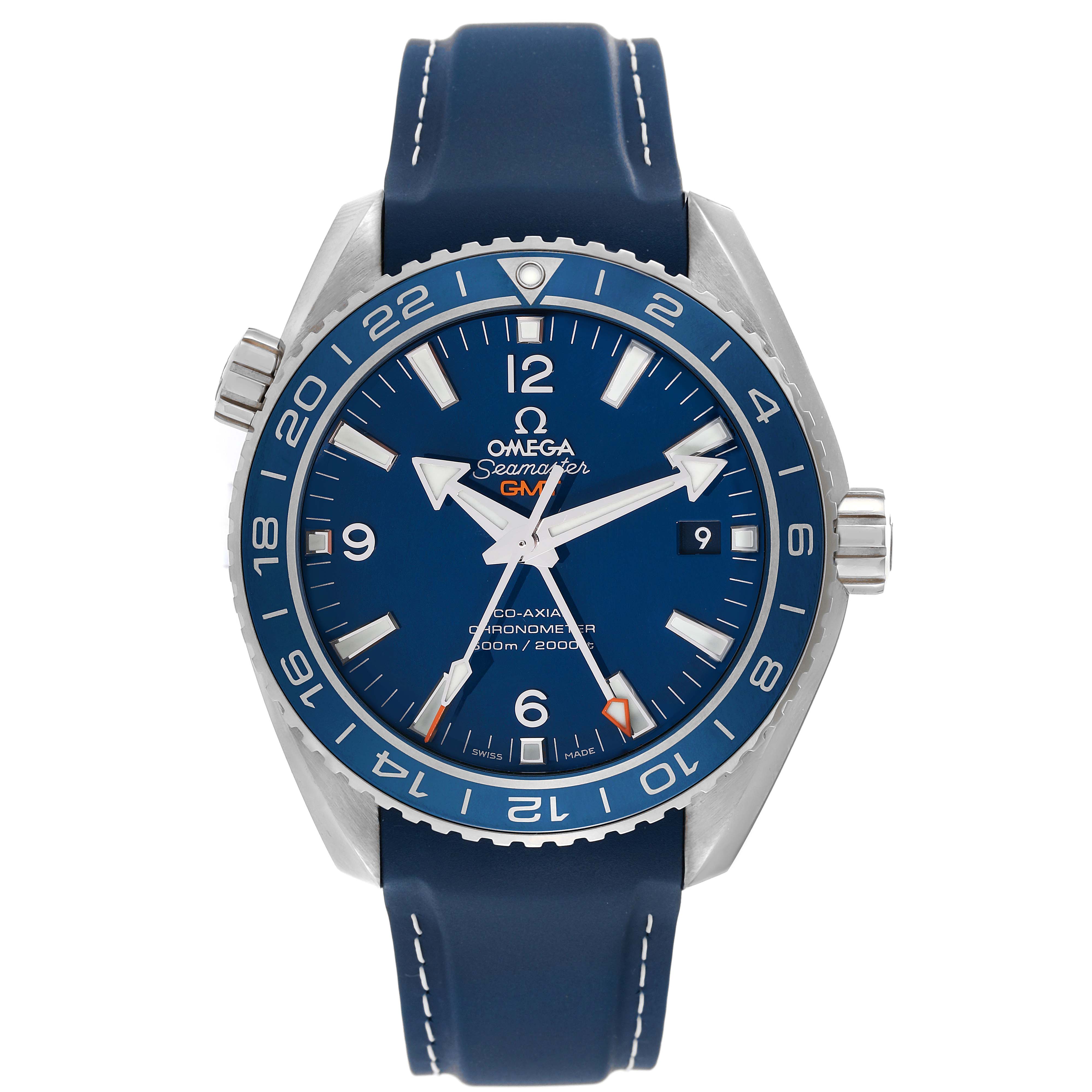 The image shows a front view of the Omega Planet Ocean 232.92.44.22.03.001 Men
s Titanium Blue Dial 232.92.44.22.03.001 Men
s Titanium Blue Dial watch, highlighting its blue dial, bezel, and strap.