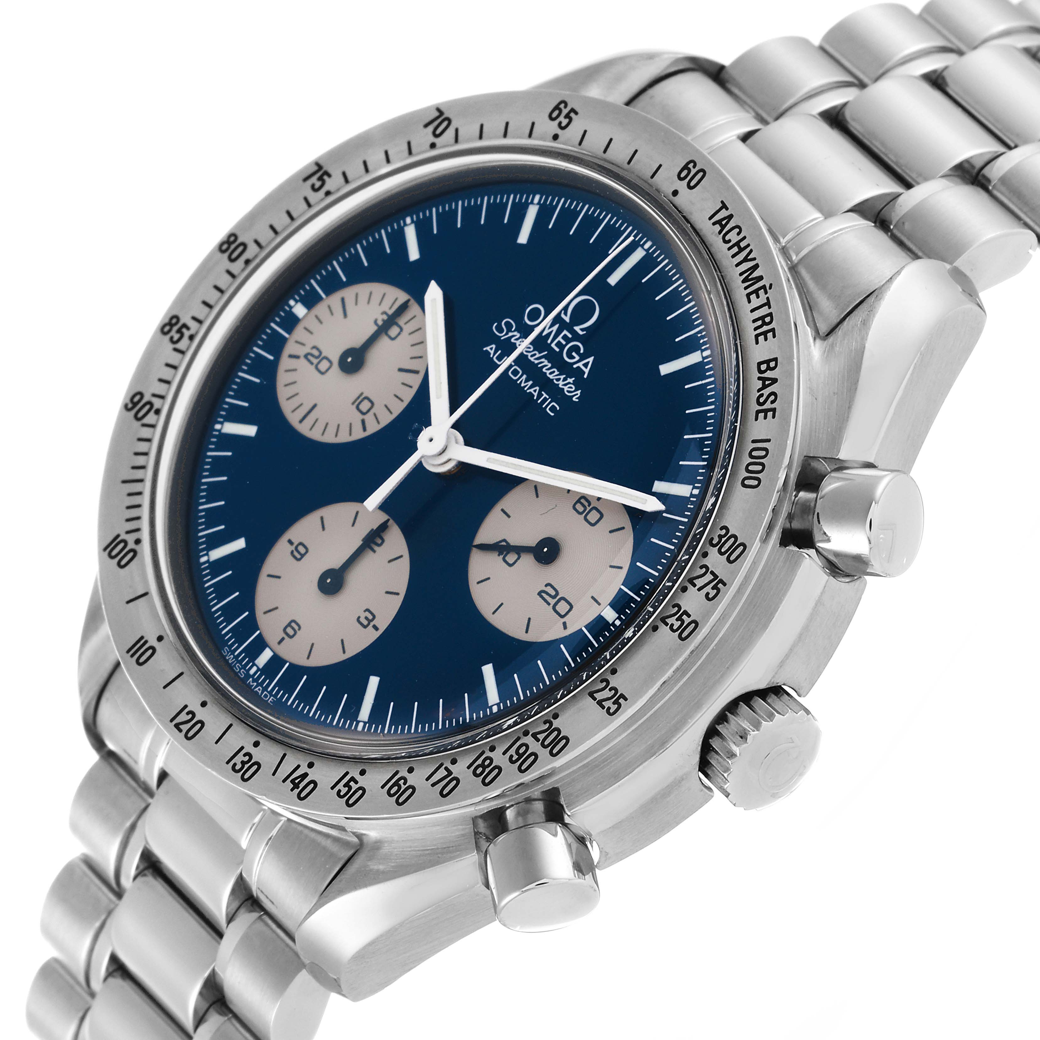 This Omega Speedmaster 3510.82.00 Men's Stainless Steel Blue Dial 3510.82.00 Men's Stainless Steel Blue Dial watch is shown from a slightly tilted top-right angle, displaying the dial, subdials, bezel, crown, and bracelet.