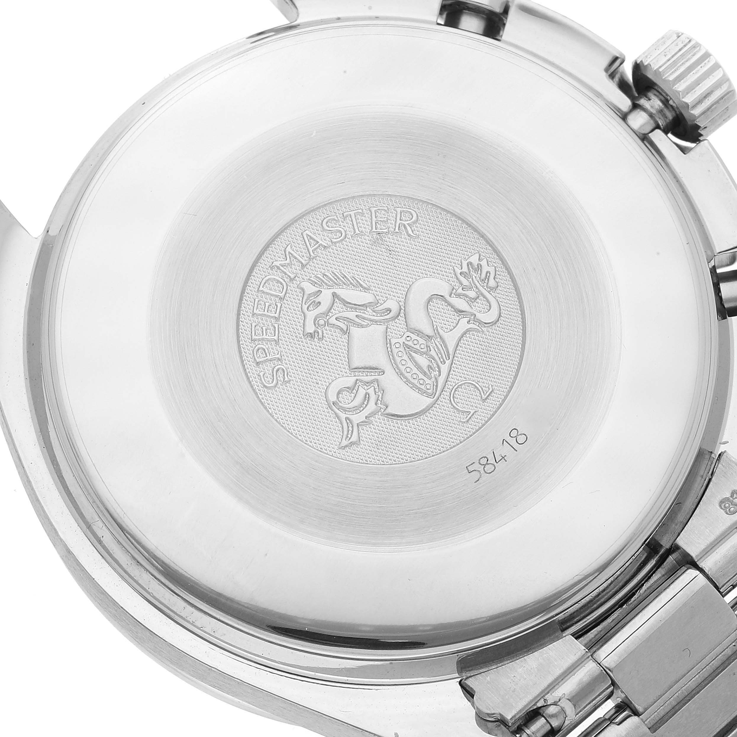 The image shows the back case of an Omega Speedmaster 3510.82.00 Men's Stainless Steel Blue Dial 3510.82.00 Men's Stainless Steel Blue Dial watch, featuring the engraved logo and partial bracelet.