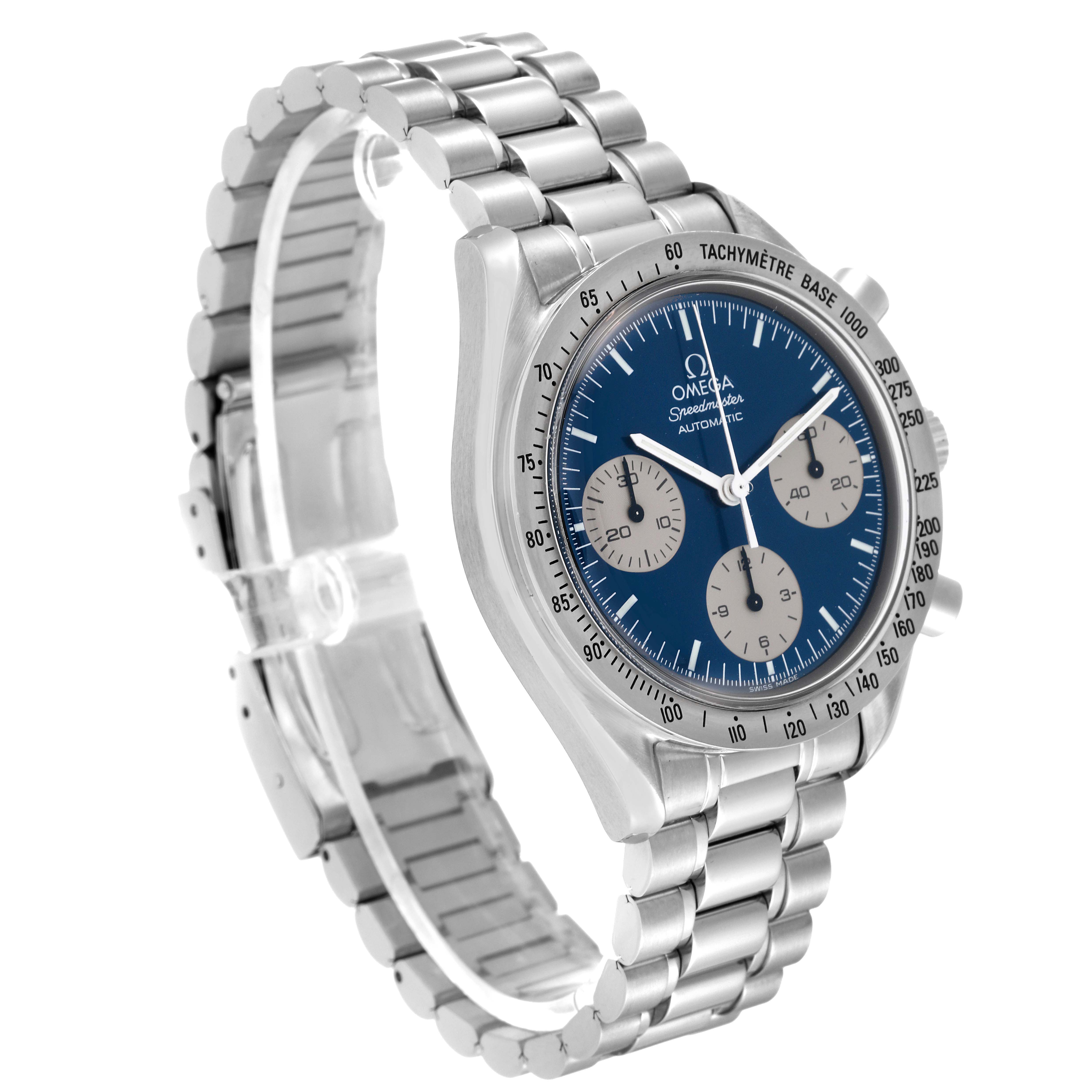 The Omega Speedmaster 3510.82.00 Men's Stainless Steel Blue Dial 3510.82.00 Men's Stainless Steel Blue Dial watch is shown at an oblique angle, highlighting the bracelet, dial, and tachymeter bezel.
