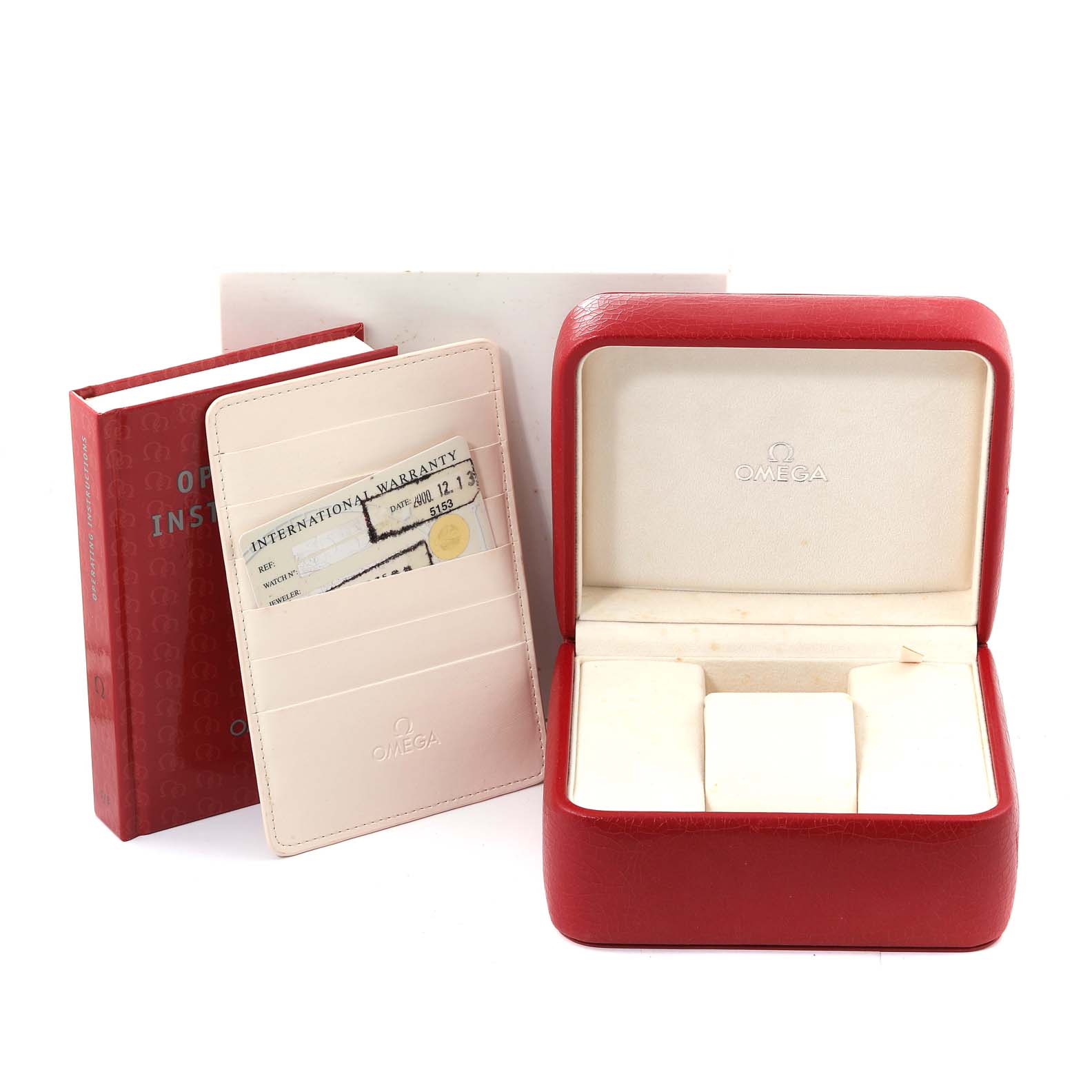 The image shows an Omega Speedmaster 3510.82.00 Men's Stainless Steel Blue Dial 3510.82.00 Men's Stainless Steel Blue Dial watch box, warranty card, and instruction manual.