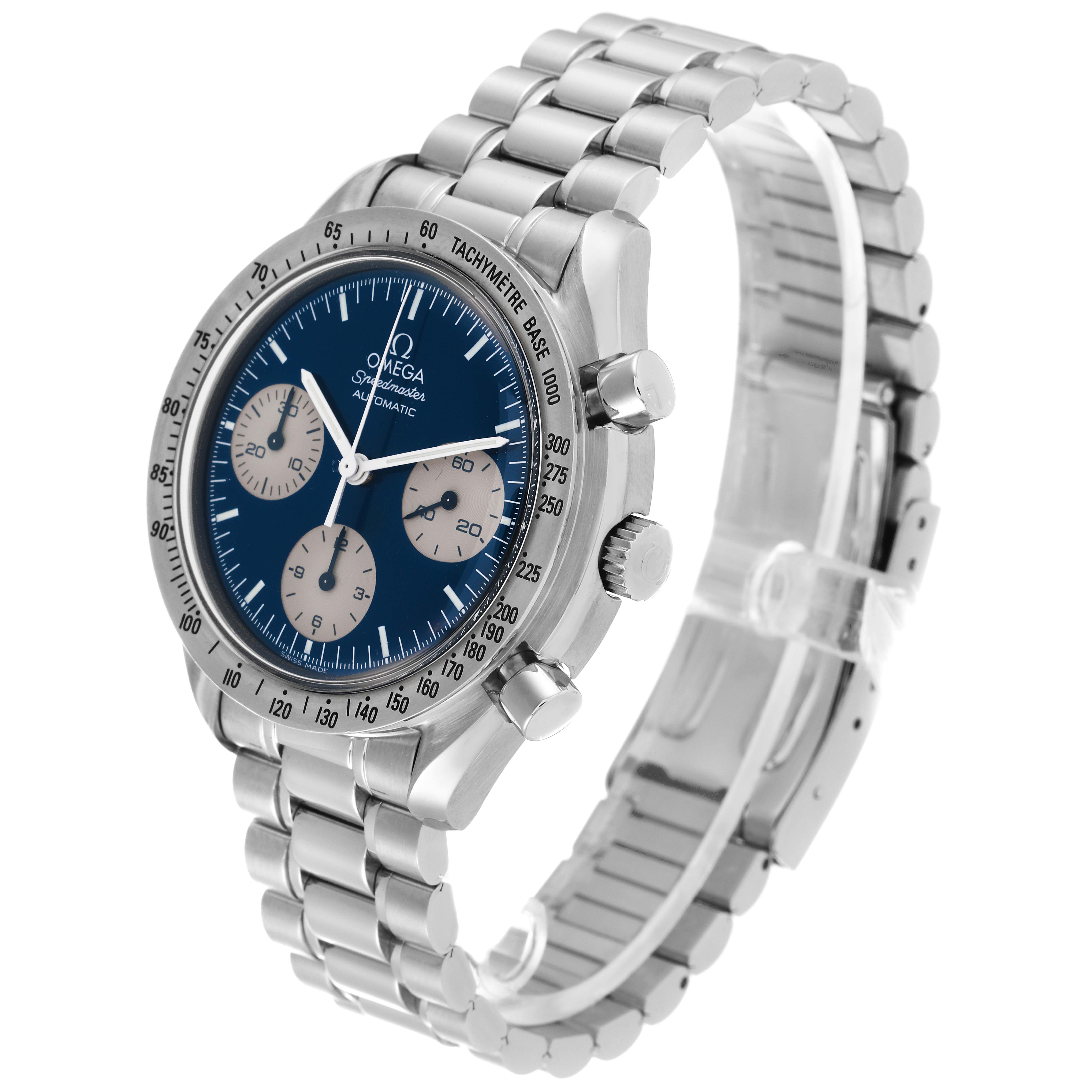 The Omega Speedmaster 3510.82.00 Men's Stainless Steel Blue Dial 3510.82.00 Men's Stainless Steel Blue Dial watch is shown at a three-quarter angle, displaying the front face, bezel, pushers, crown, and stainless steel bracelet.