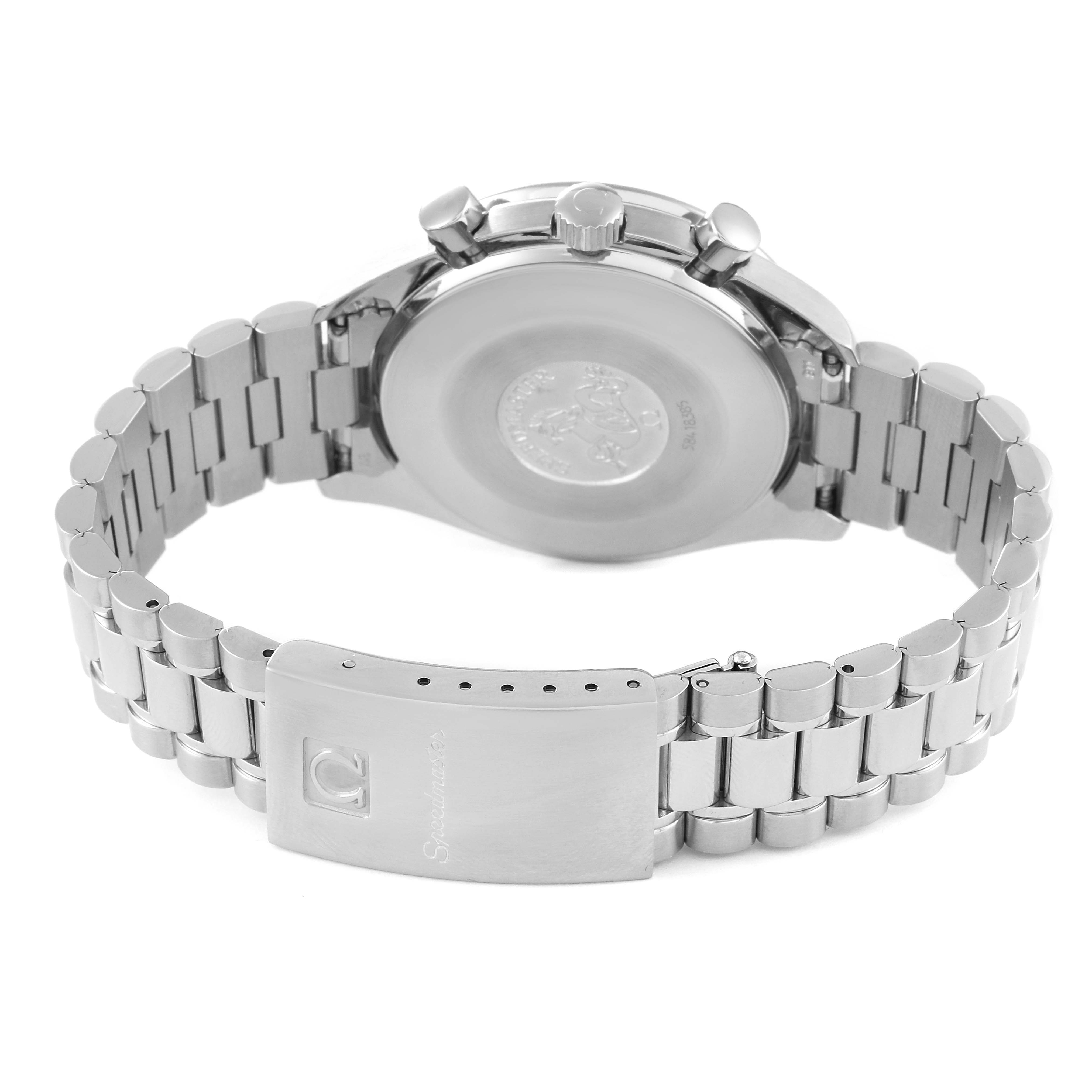 This image shows the back view of an Omega Speedmaster 3510.82.00 Men's Stainless Steel Blue Dial 3510.82.00 Men's Stainless Steel Blue Dial watch, highlighting the clasp, bracelet, and case back.