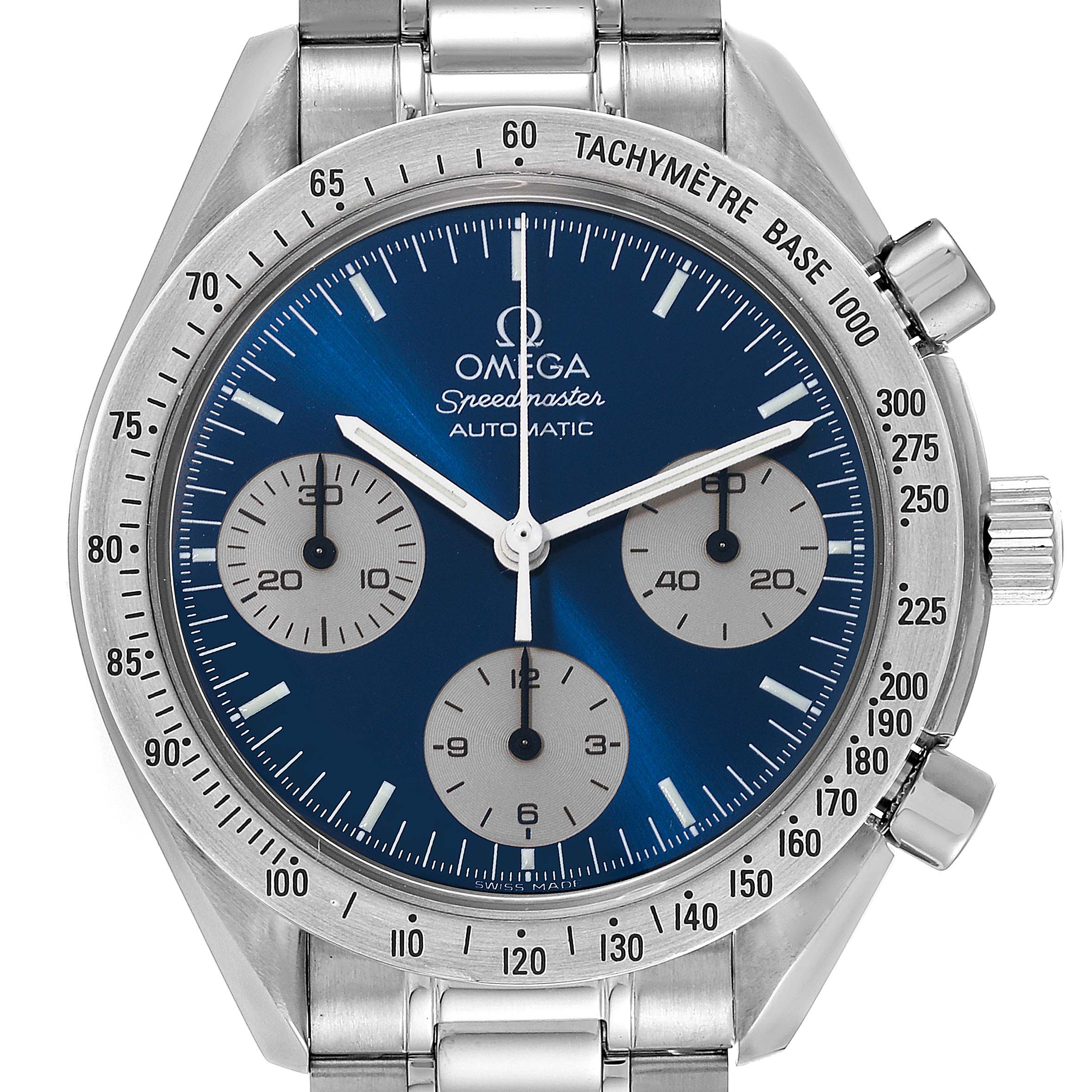 This image shows a front view of an Omega Speedmaster 3510.82.00 Men's Stainless Steel Blue Dial 3510.82.00 Men's Stainless Steel Blue Dial watch featuring its dial, bezel with tachyméter scale, and stainless steel bracelet.