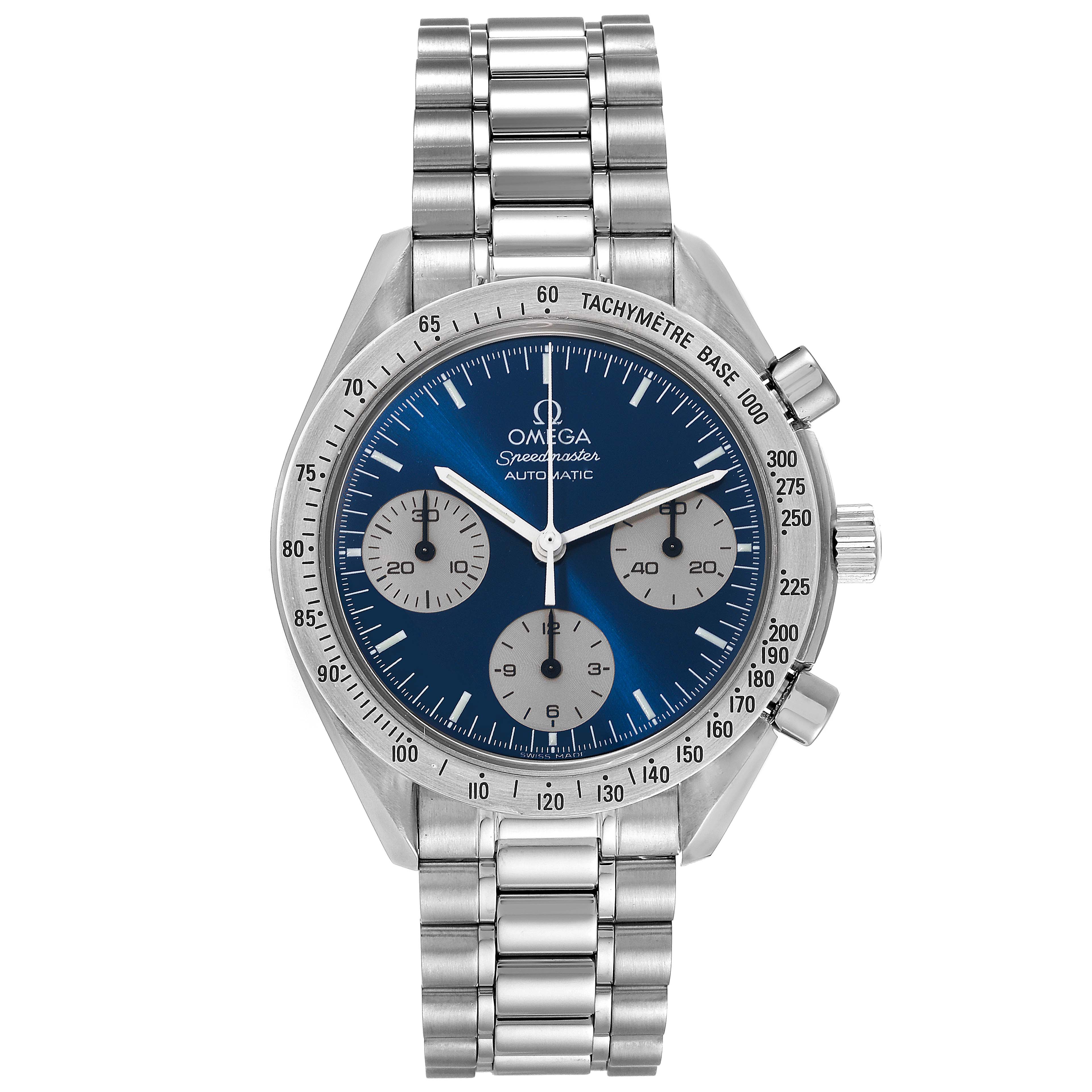 This is a frontal view of an Omega Speedmaster 3510.82.00 Men's Stainless Steel Blue Dial 3510.82.00 Men's Stainless Steel Blue Dial watch, showcasing the dial, bezel, subdials, and metal bracelet.